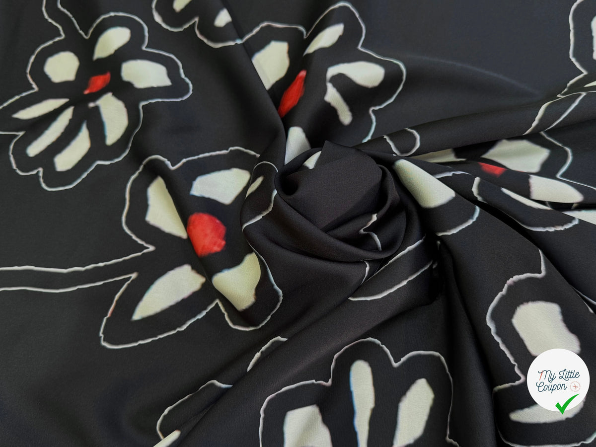 SATIN DE POLYESTER IMPRIMÉ MARGUERITES FOND NOIR - My Little Coupon