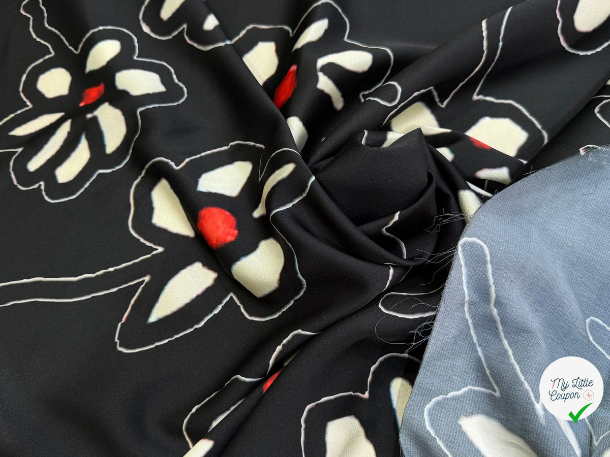 SATIN DE POLYESTER IMPRIMÉ MARGUERITES FOND NOIR - My Little Coupon