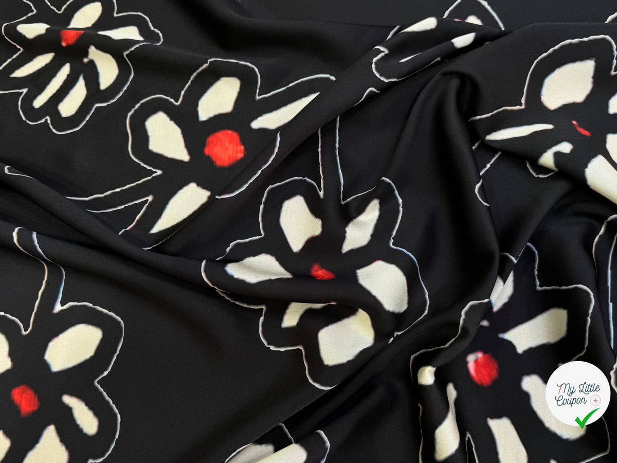 SATIN DE POLYESTER IMPRIMÉ MARGUERITES FOND NOIR - My Little Coupon