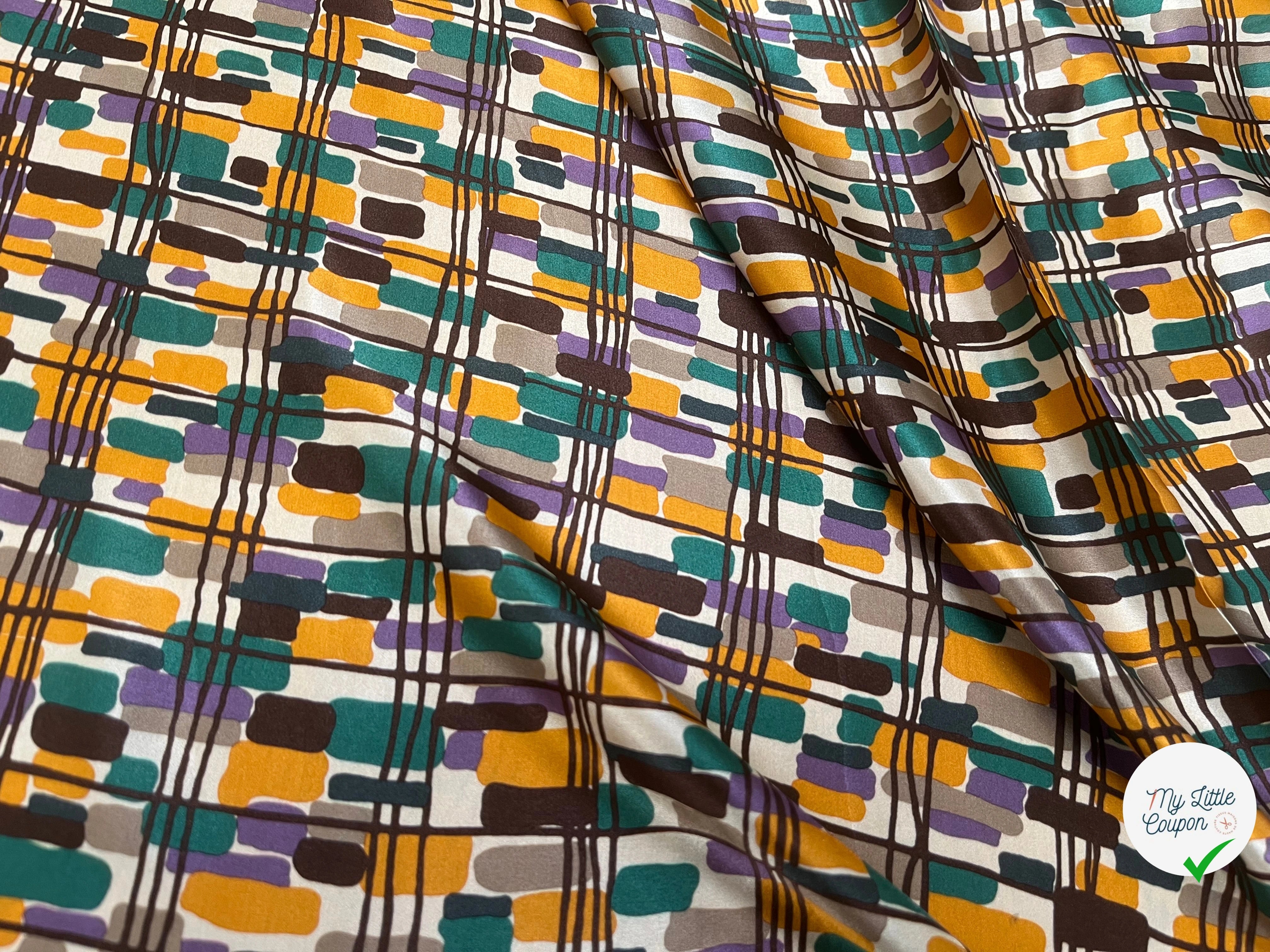 SATIN DE SOIE MOTIF RECTANGLE ABSTRAIT VERT JAUNE MARON ET VIOLET - My Little Coupon