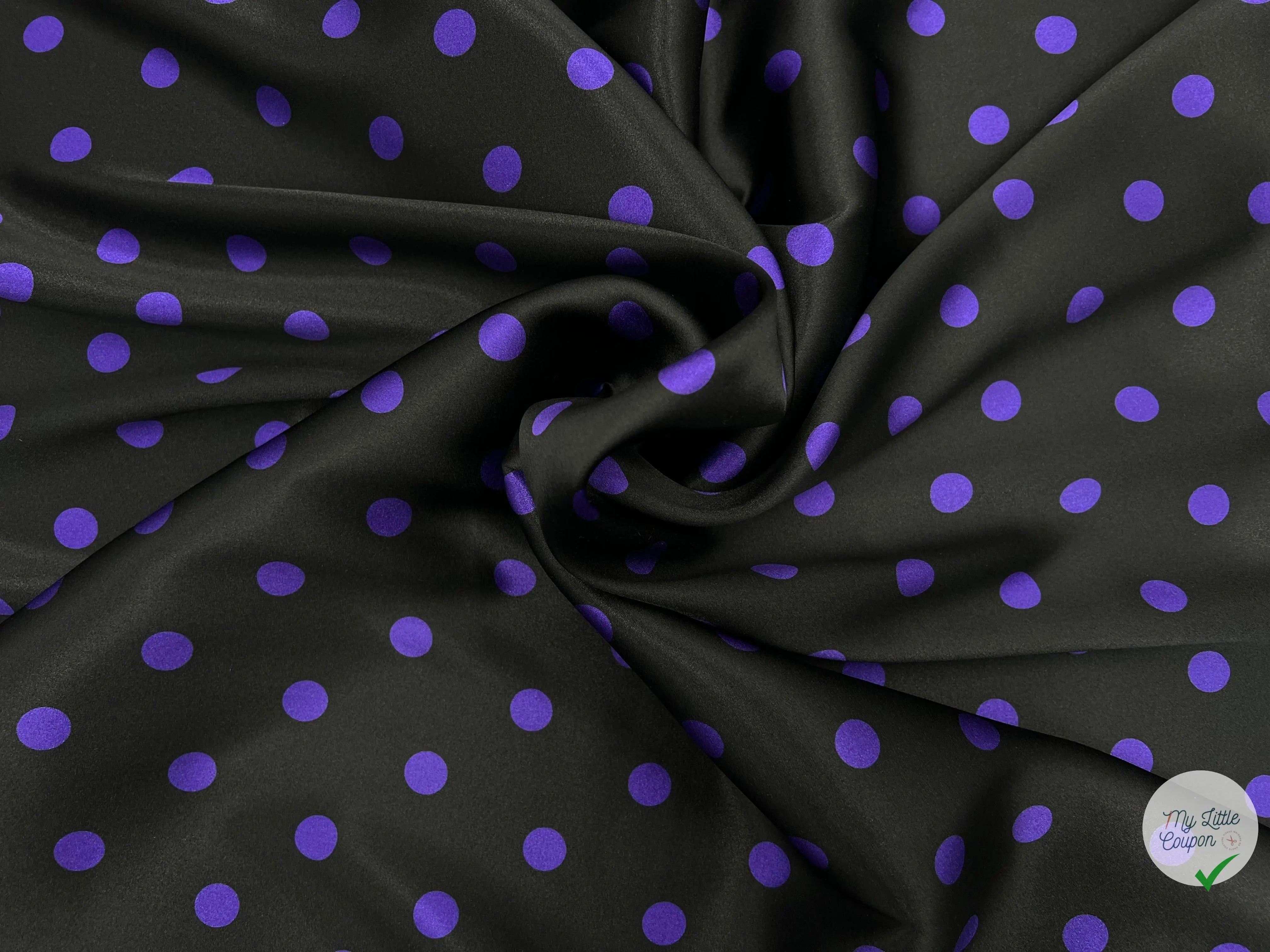 SATIN DE SOIE POIS VIOLET FOND NOIR - coupon de tissu de 3 mètres - My Little Coupon - tissu - coudre