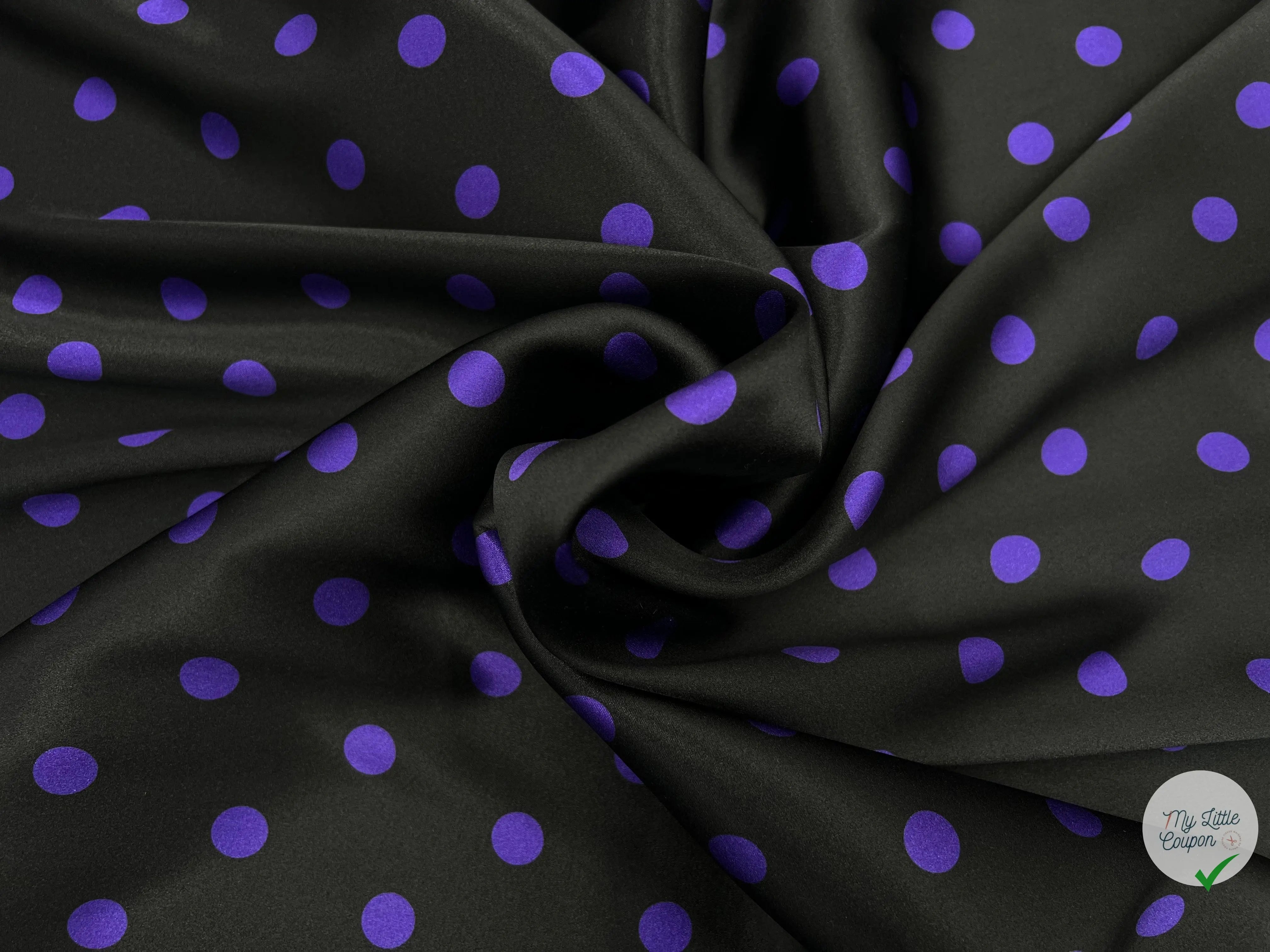 SATIN DE SOIE POIS VIOLET FOND NOIR - coupon de tissu de 3 mètres - My Little Coupon - tissu - coudre