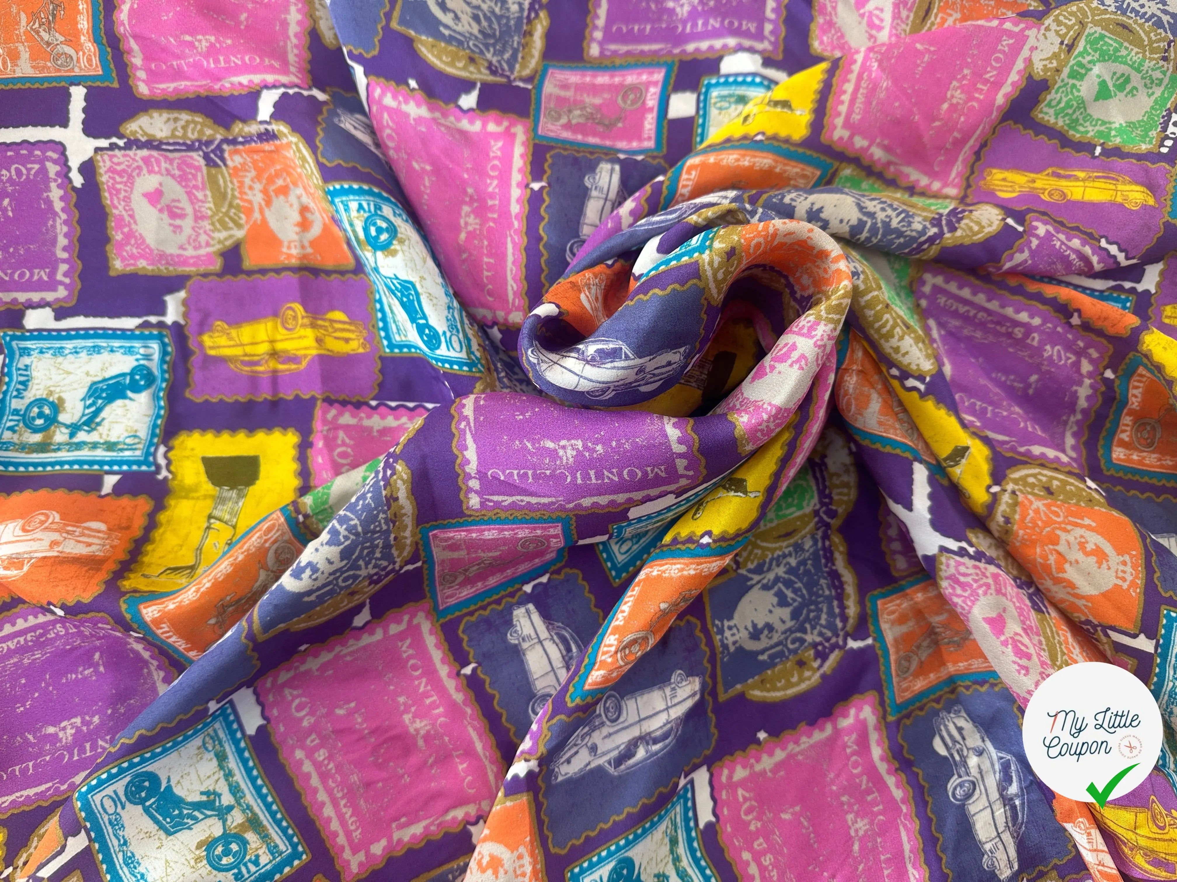 SATIN DE SOIE TIMBRÉ SUR FOND VIOLET MLC INTERN