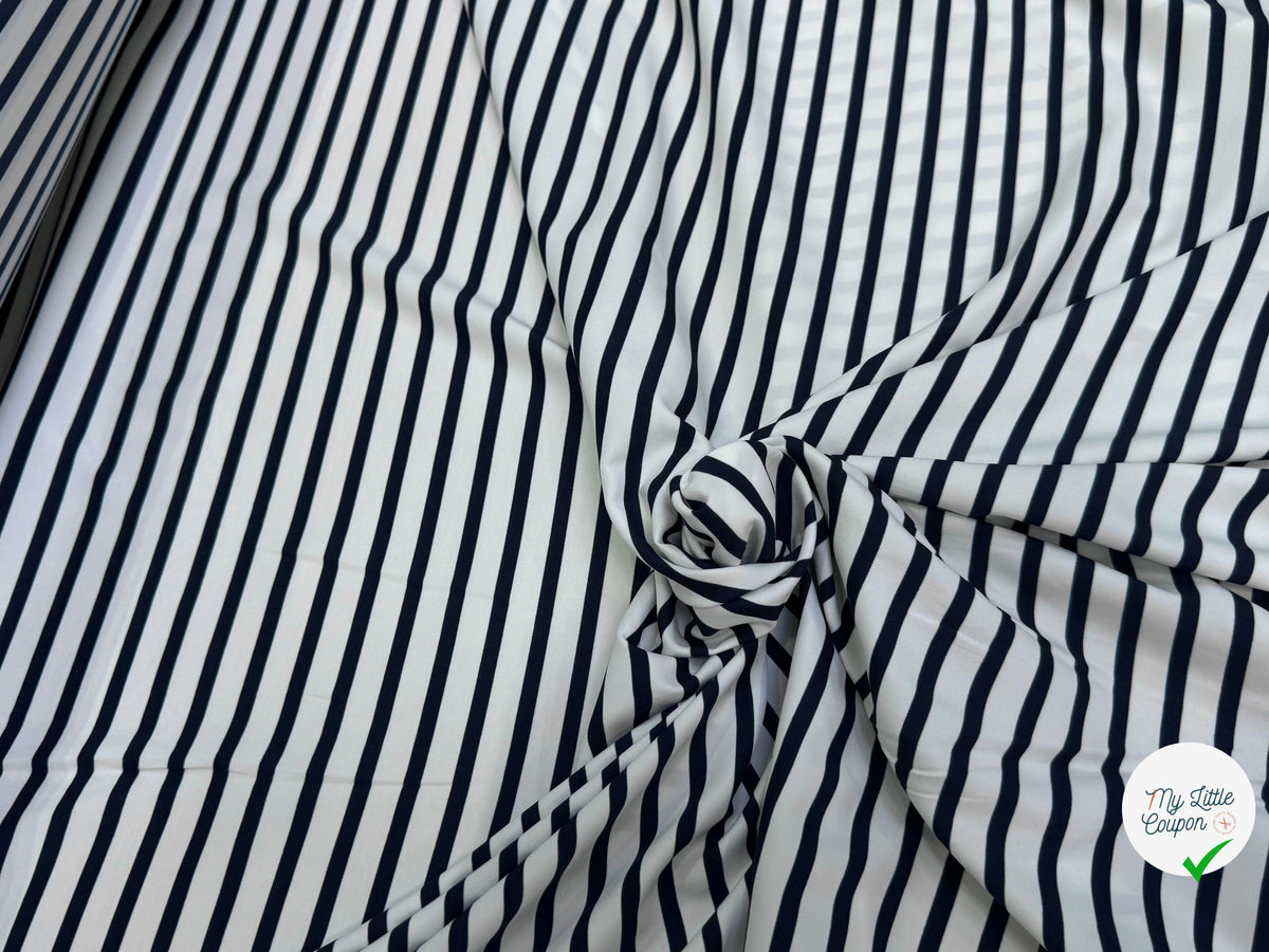 SATIN FLUIDE RAYURES BLEUES HORIZONTALES FOND ÉCRU STRETCH - My Little Coupon