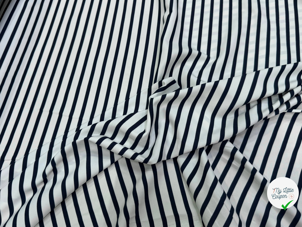 SATIN FLUIDE RAYURES BLEUES HORIZONTALES FOND ÉCRU STRETCH - My Little Coupon