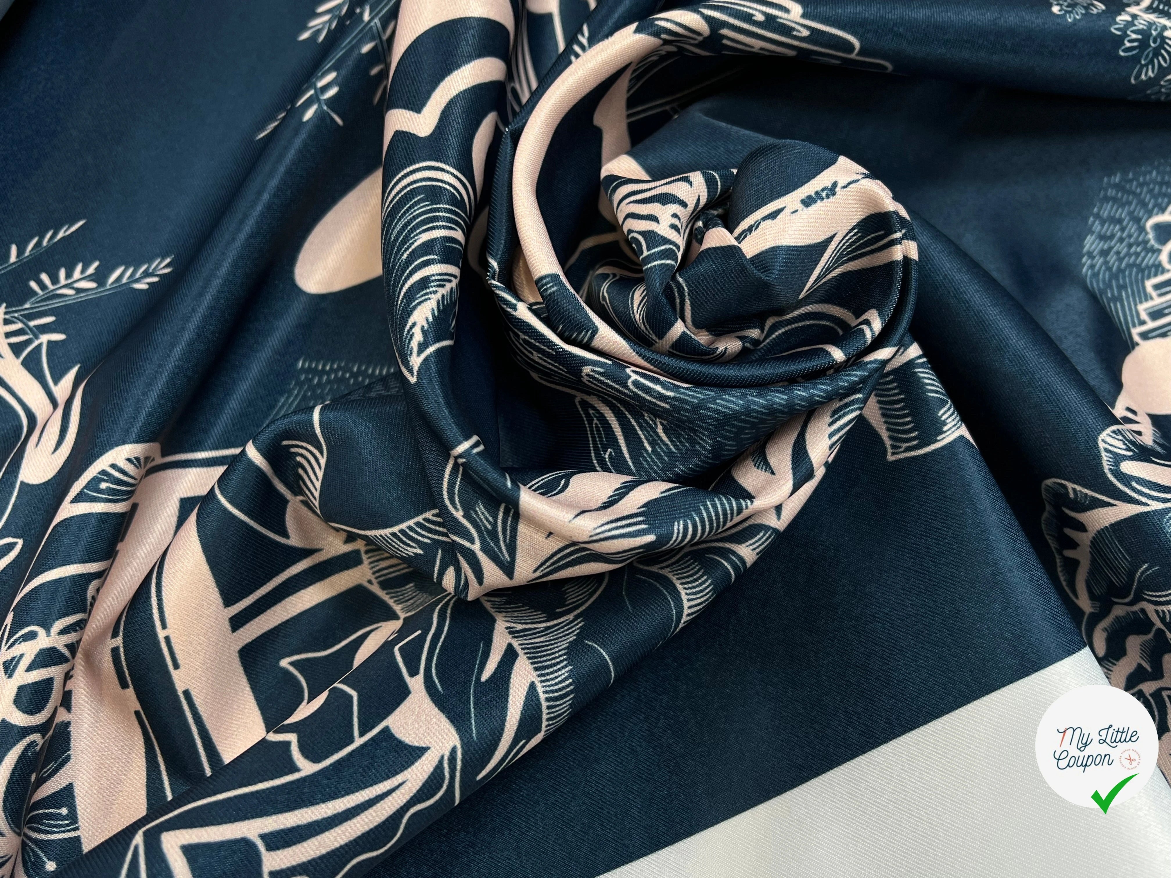 SATIN IMPRIMÉ MOTIF ABSTRAIT FOND BLEU POLYESTER 150CM - My Little Coupon