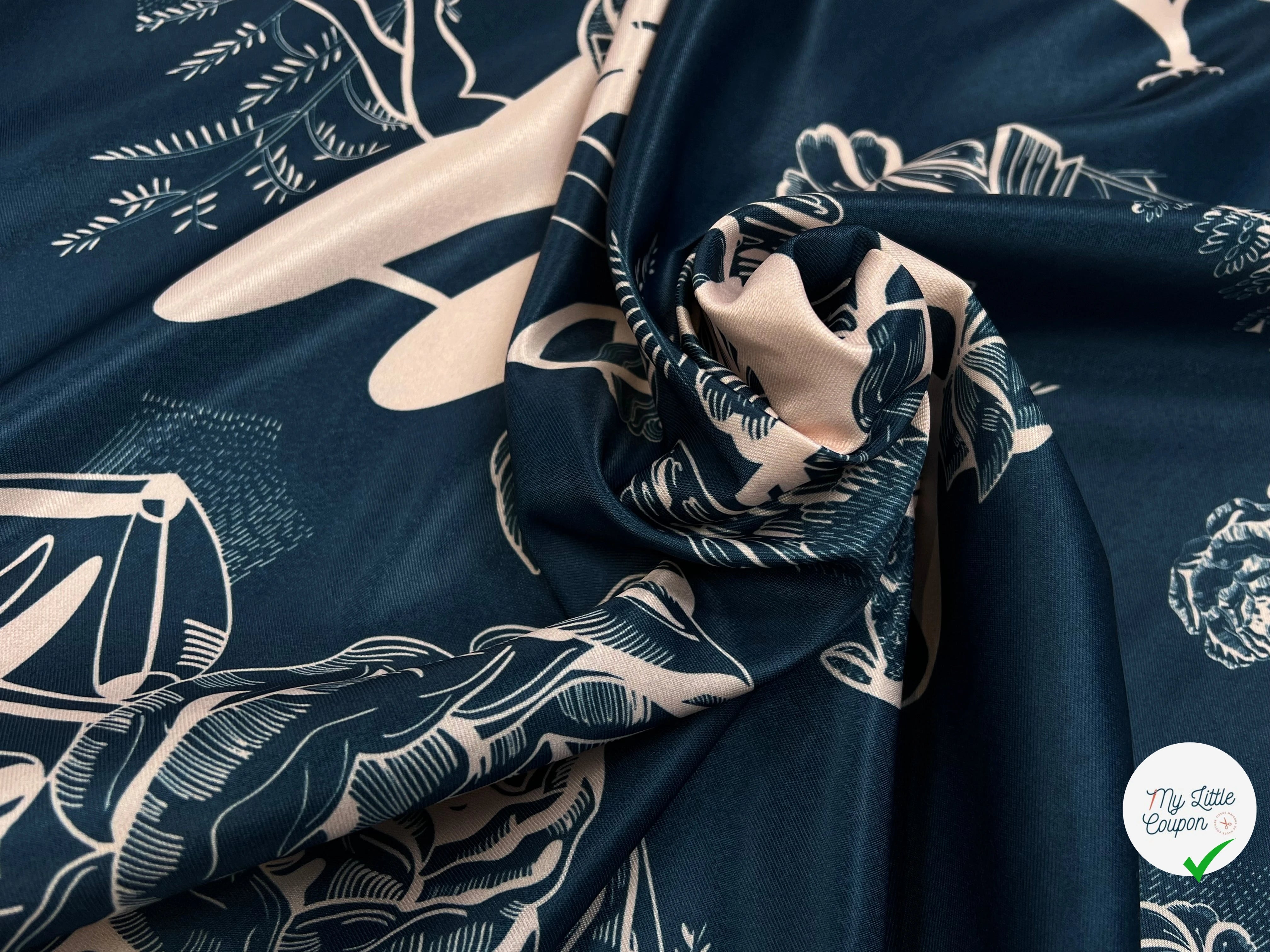 SATIN IMPRIMÉ MOTIF ABSTRAIT FOND BLEU POLYESTER 150CM - My Little Coupon