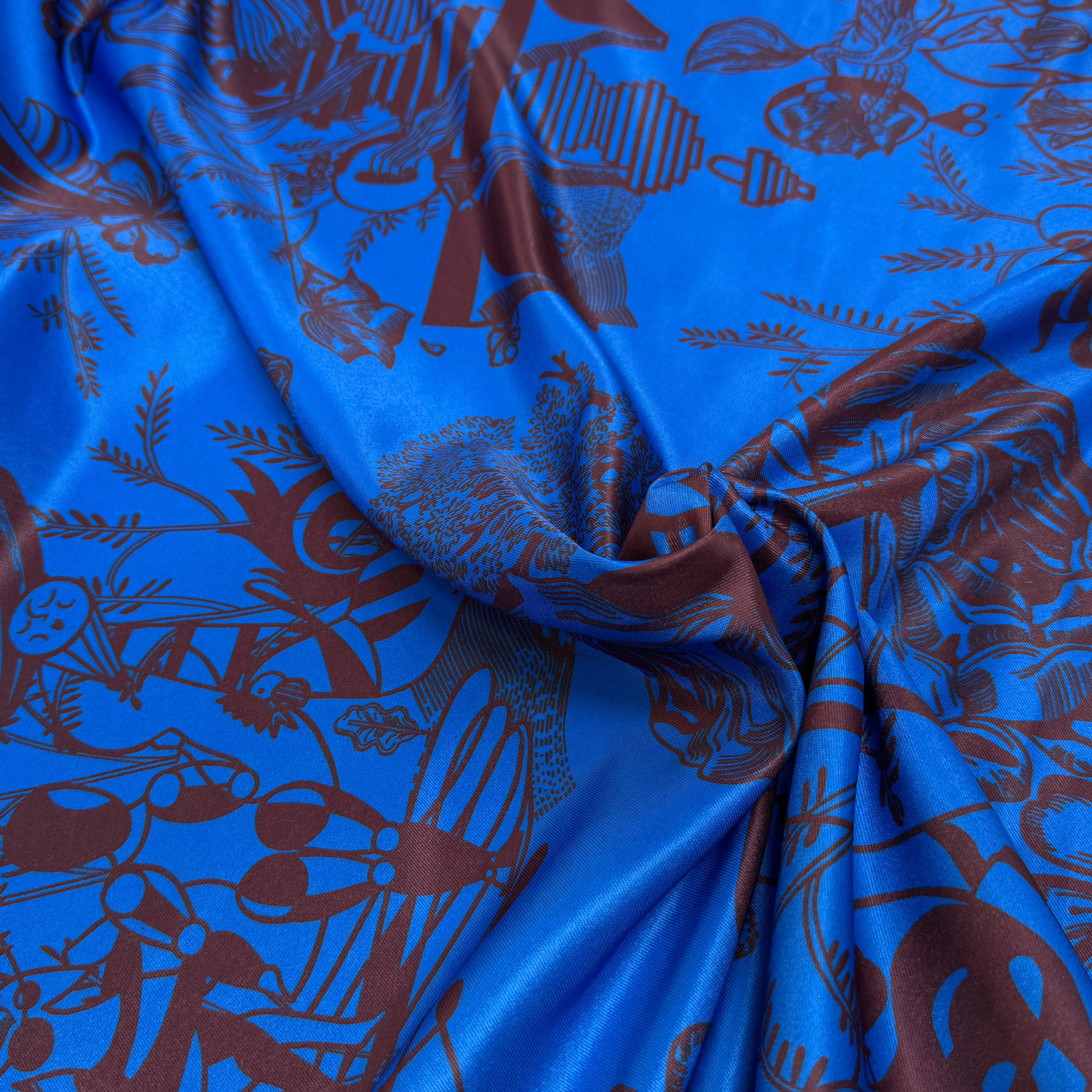 SATIN SERGÉ IMPRIMÉ FOND BLEU À MOTIF - My Little Coupon