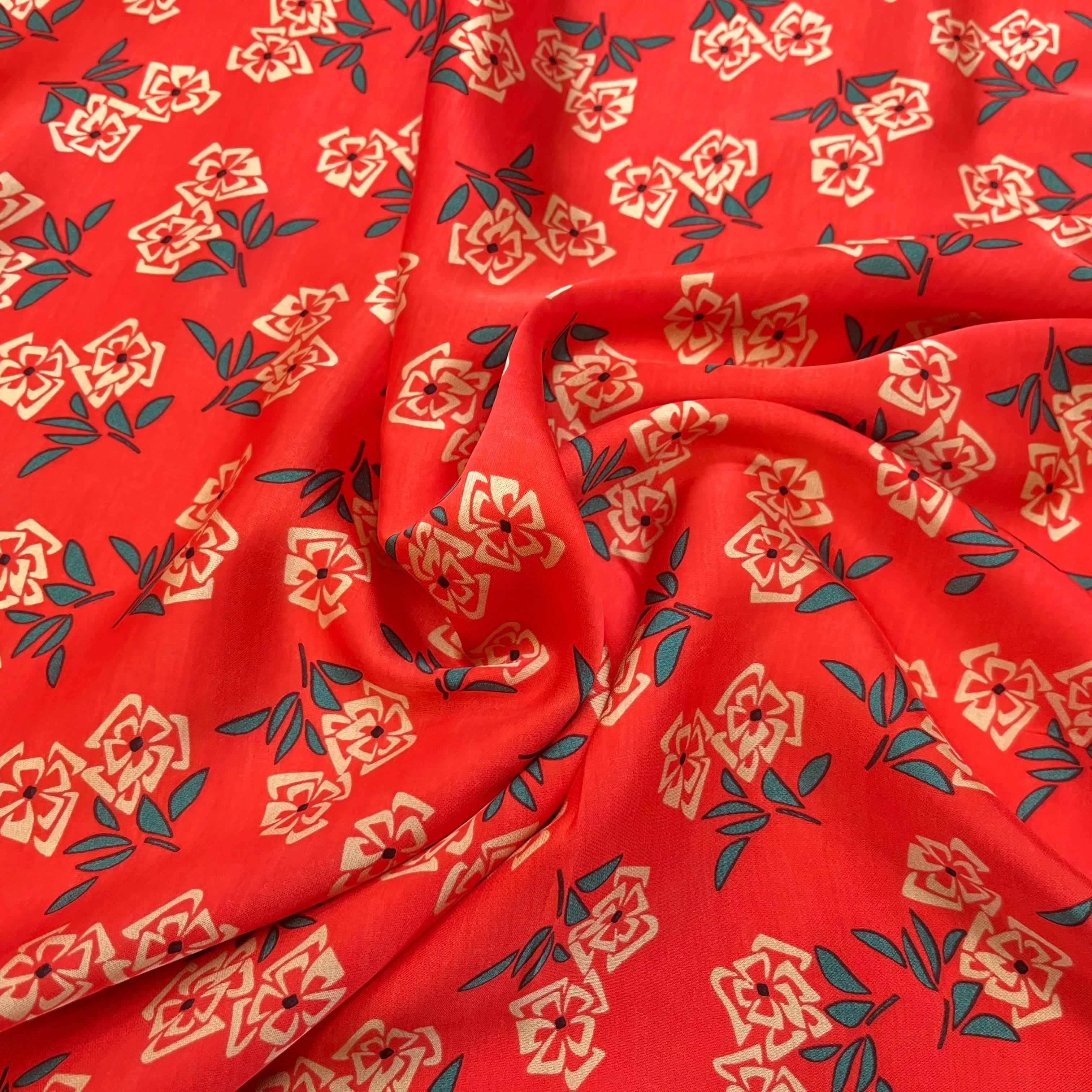 SATIN VISCOSE IMPRIMÉ FLEURS FOND CORAIL SUPER FLUIDE - My Little Coupon