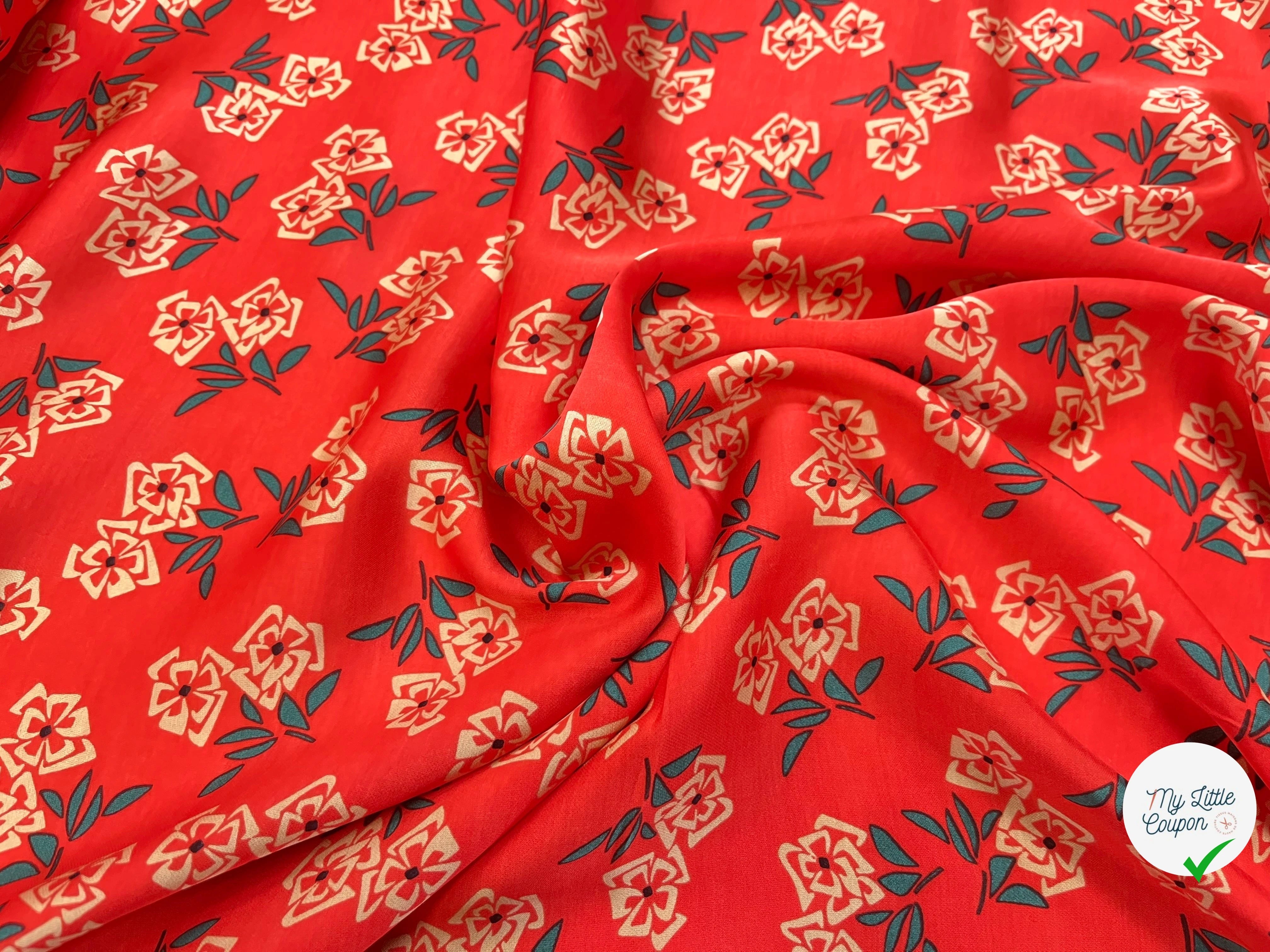 SATIN VISCOSE IMPRIMÉ FLEURS FOND CORAIL SUPER FLUIDE - My Little Coupon