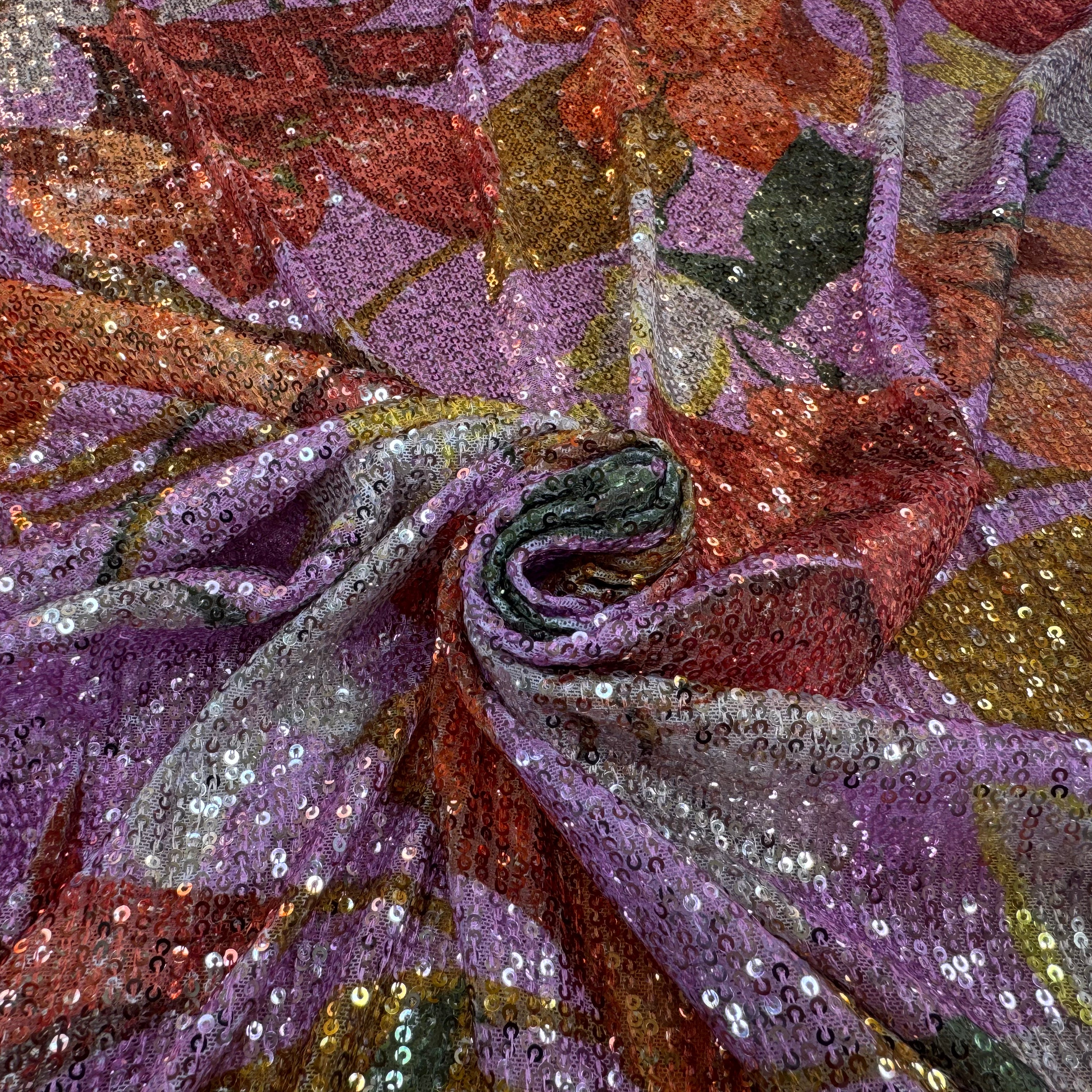 SEQUIN FOND ROSE MOTIFS FLEURS JAUNE ORANGE ET VERT - My Little Coupon