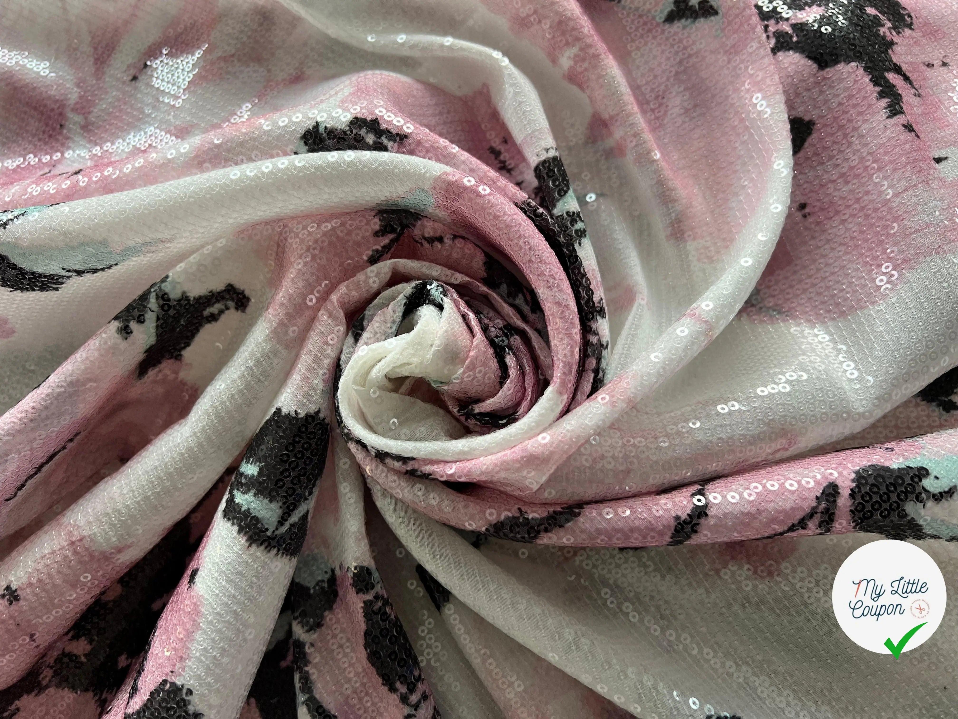 SEQUIN SUR IMPRESSION FLEURS FONDUES ROSE BLANC ET NOIR - My Little Coupon - tissu - coudre