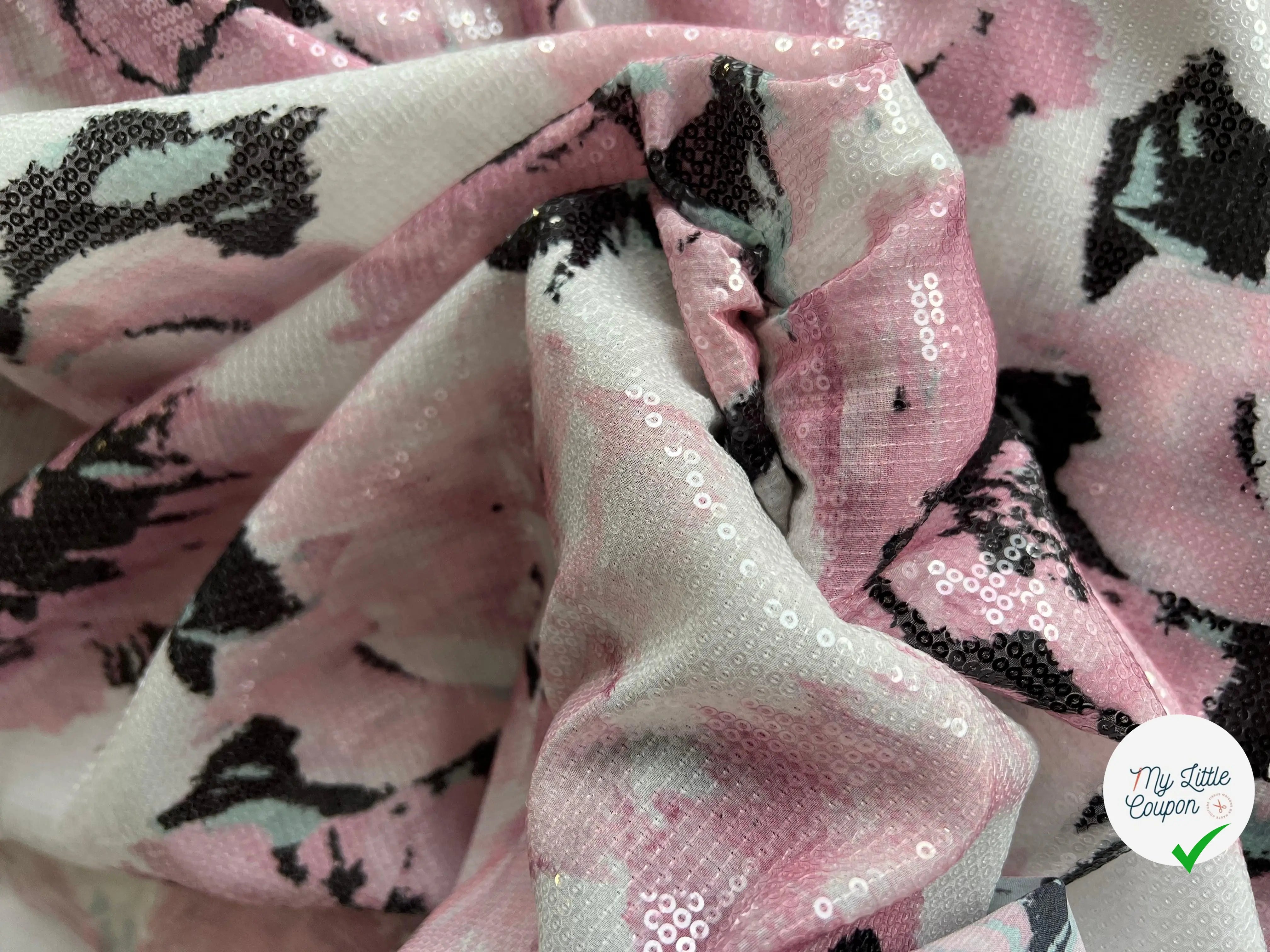 SEQUIN SUR IMPRESSION FLEURS FONDUES ROSE BLANC ET NOIR - My Little Coupon - tissu - coudre