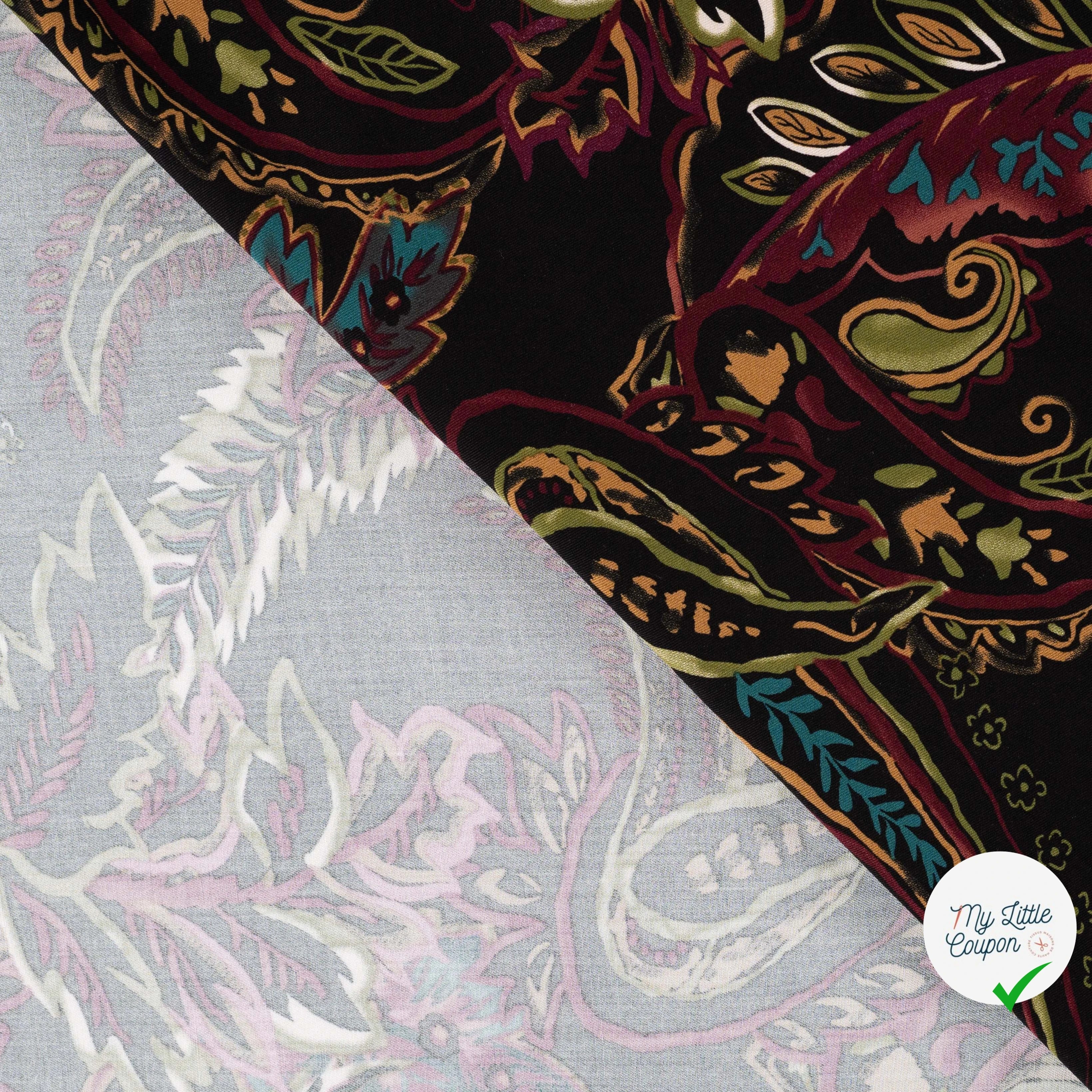 Sergé de viscose imprimé cachemire bordeaux - détail du motif