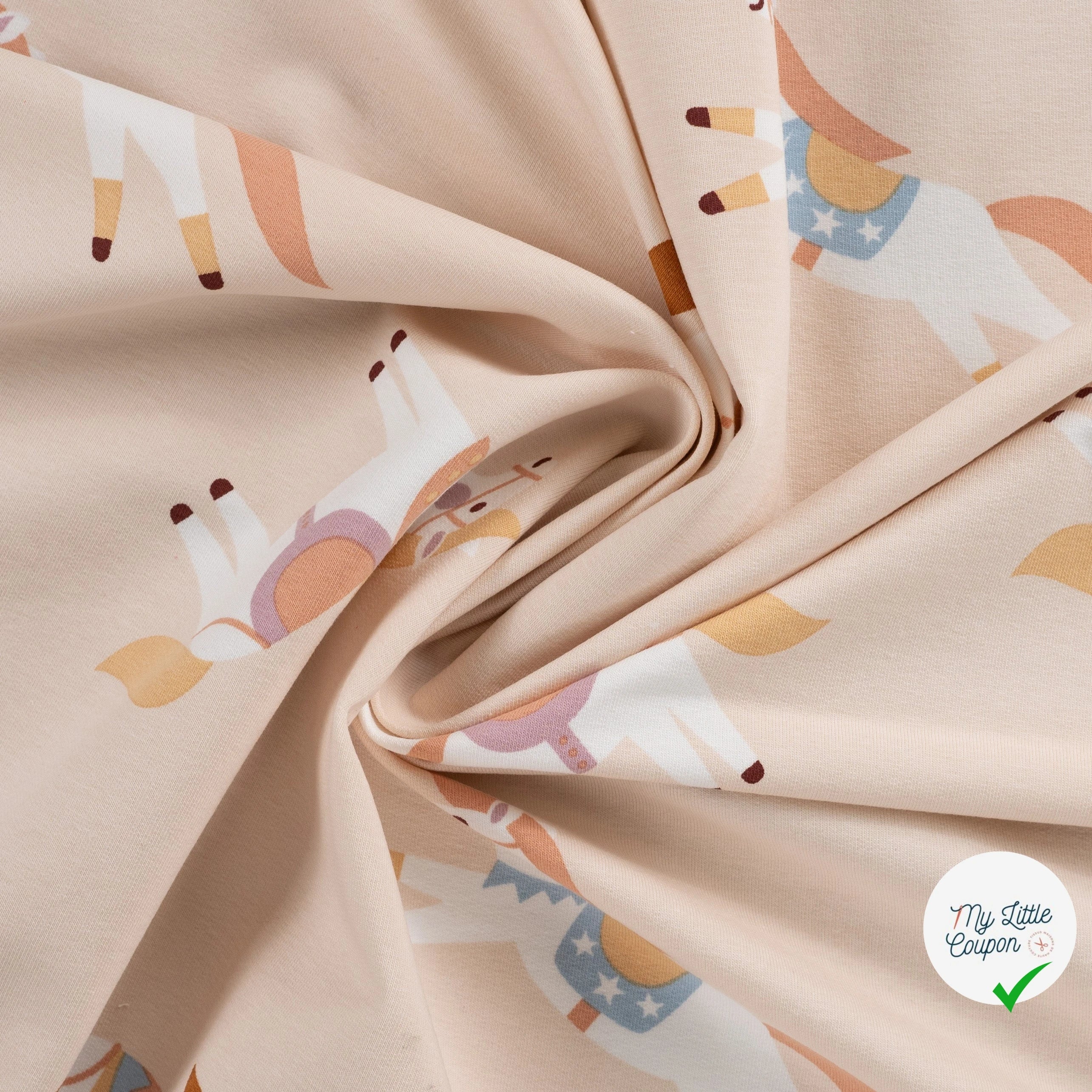 SWEAT FRENCH TERRY IMPRIMÉ CHEVAUX FOND SABLE PLAGE - My Little Coupon