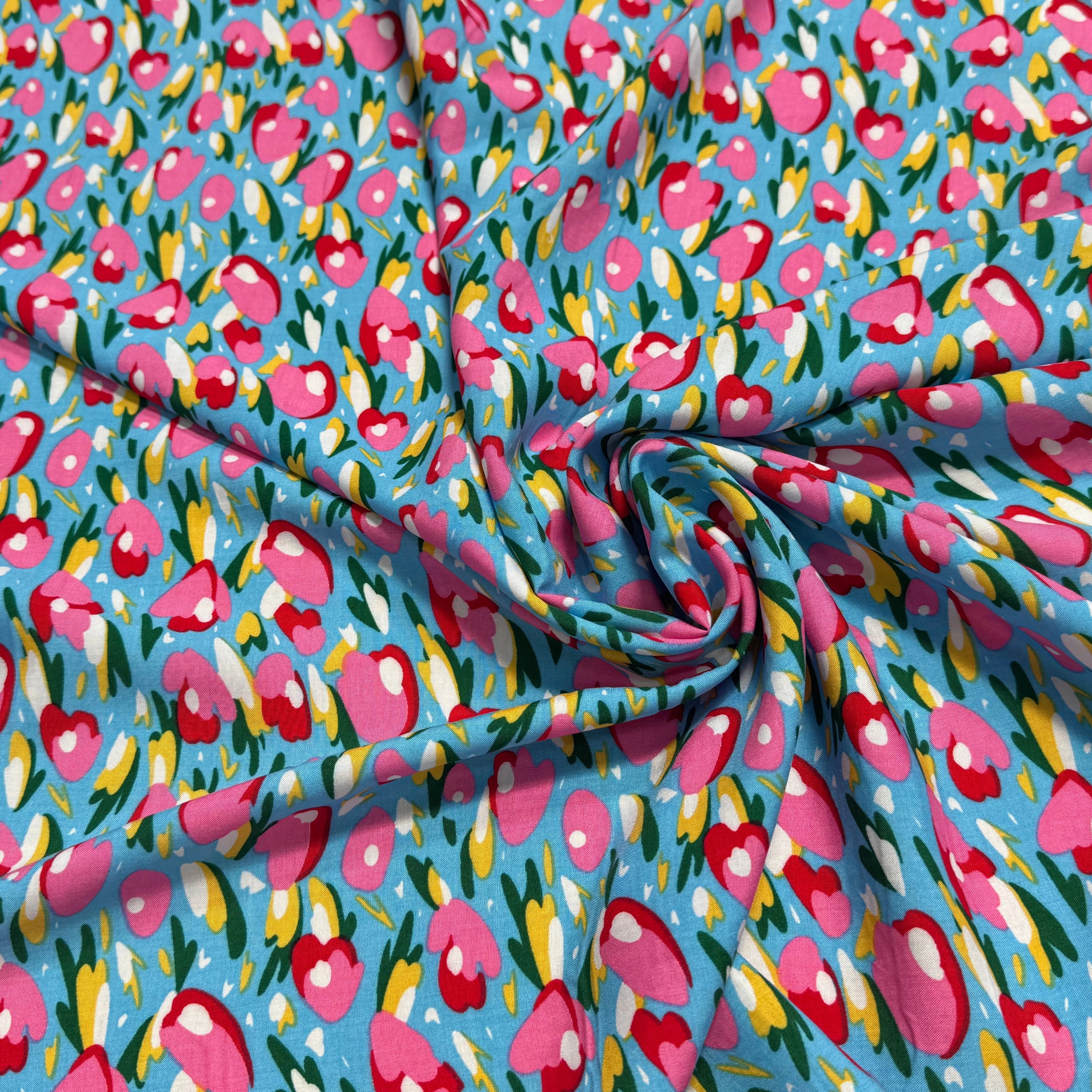 TISSU 100% VISCOSE FOND BONNIE BLUE IMPRIMÉ TULIP - My Little Coupon