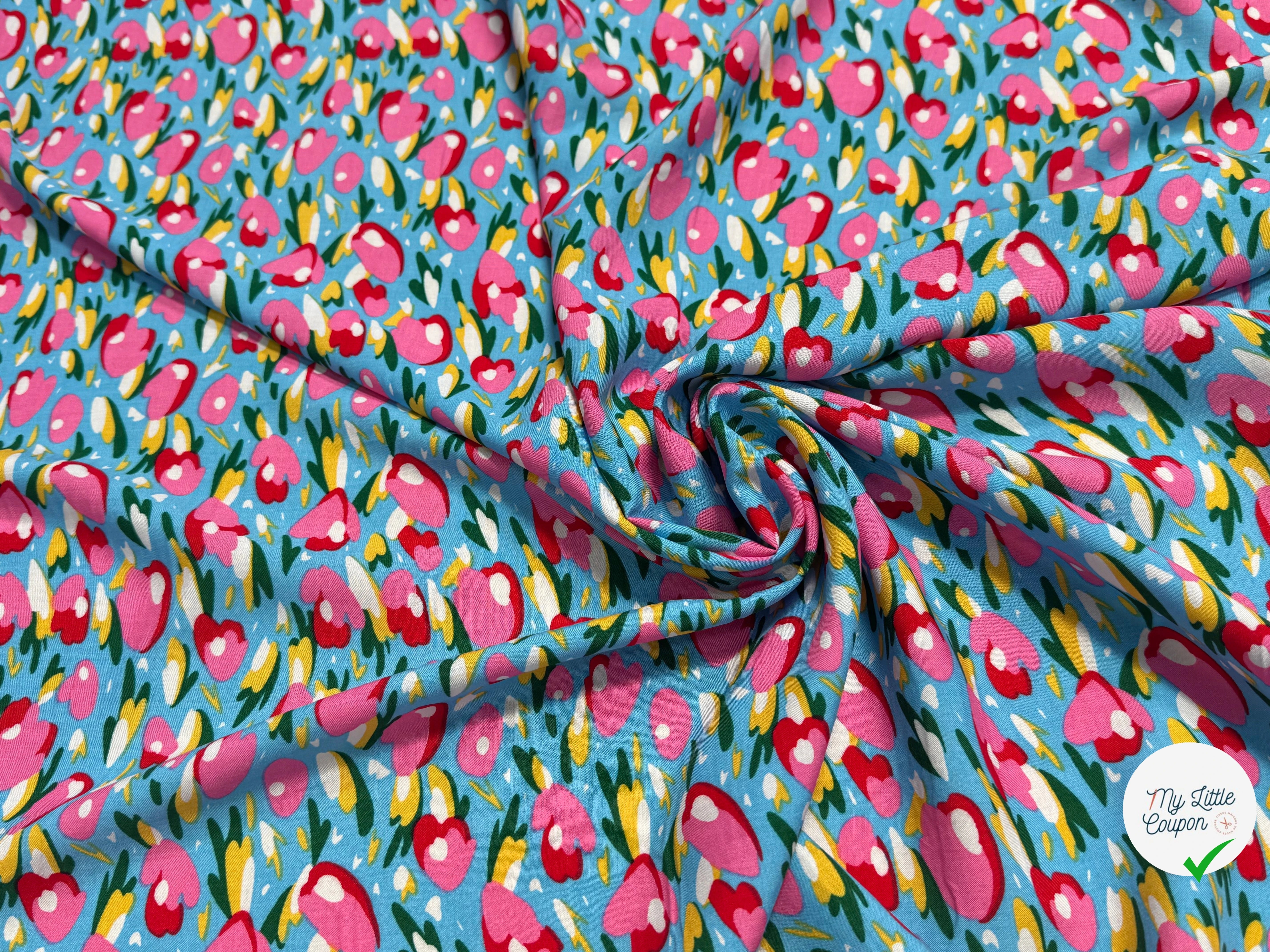 TISSU 100% VISCOSE FOND BONNIE BLUE IMPRIMÉ TULIP - My Little Coupon
