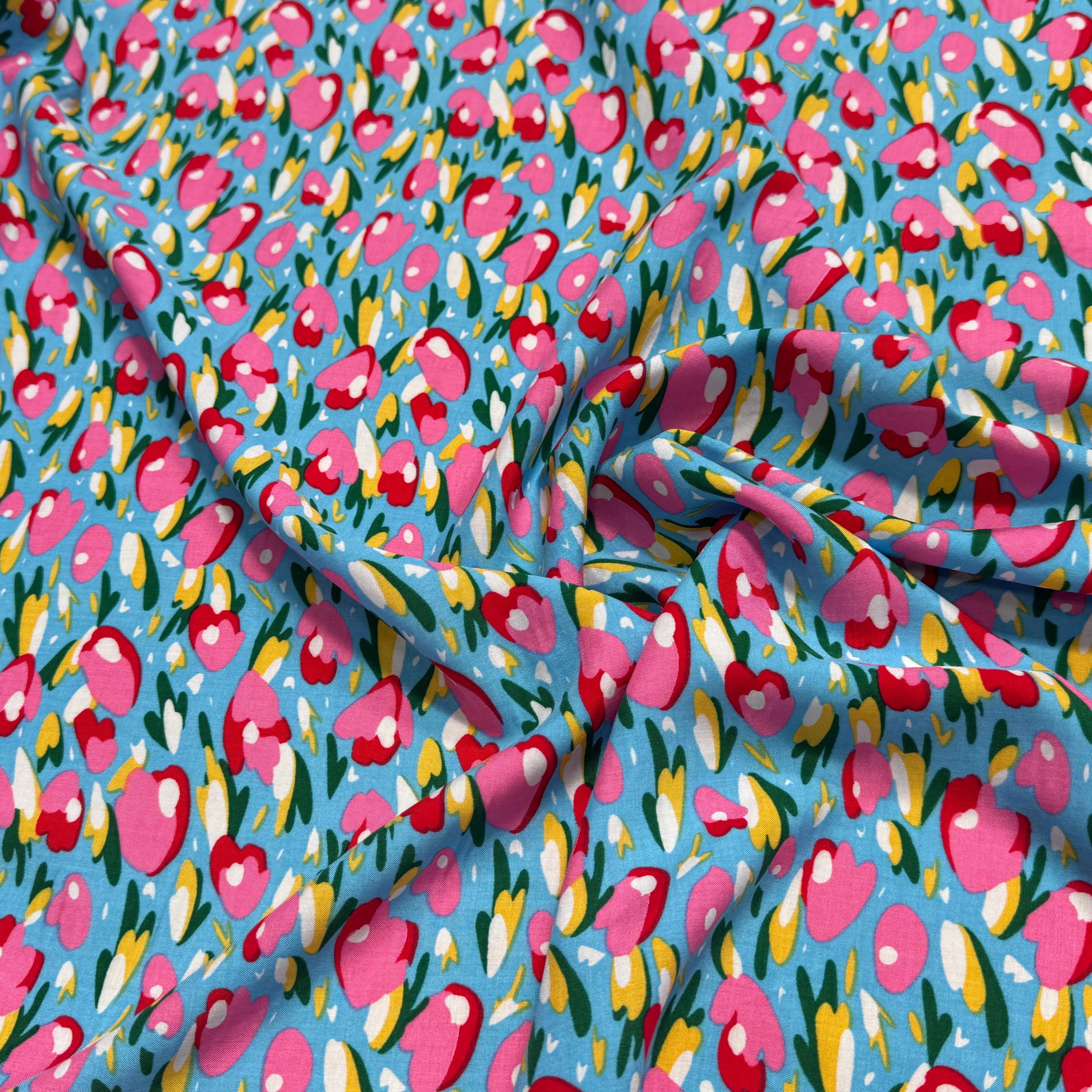 TISSU 100% VISCOSE FOND BONNIE BLUE IMPRIMÉ TULIP - My Little Coupon