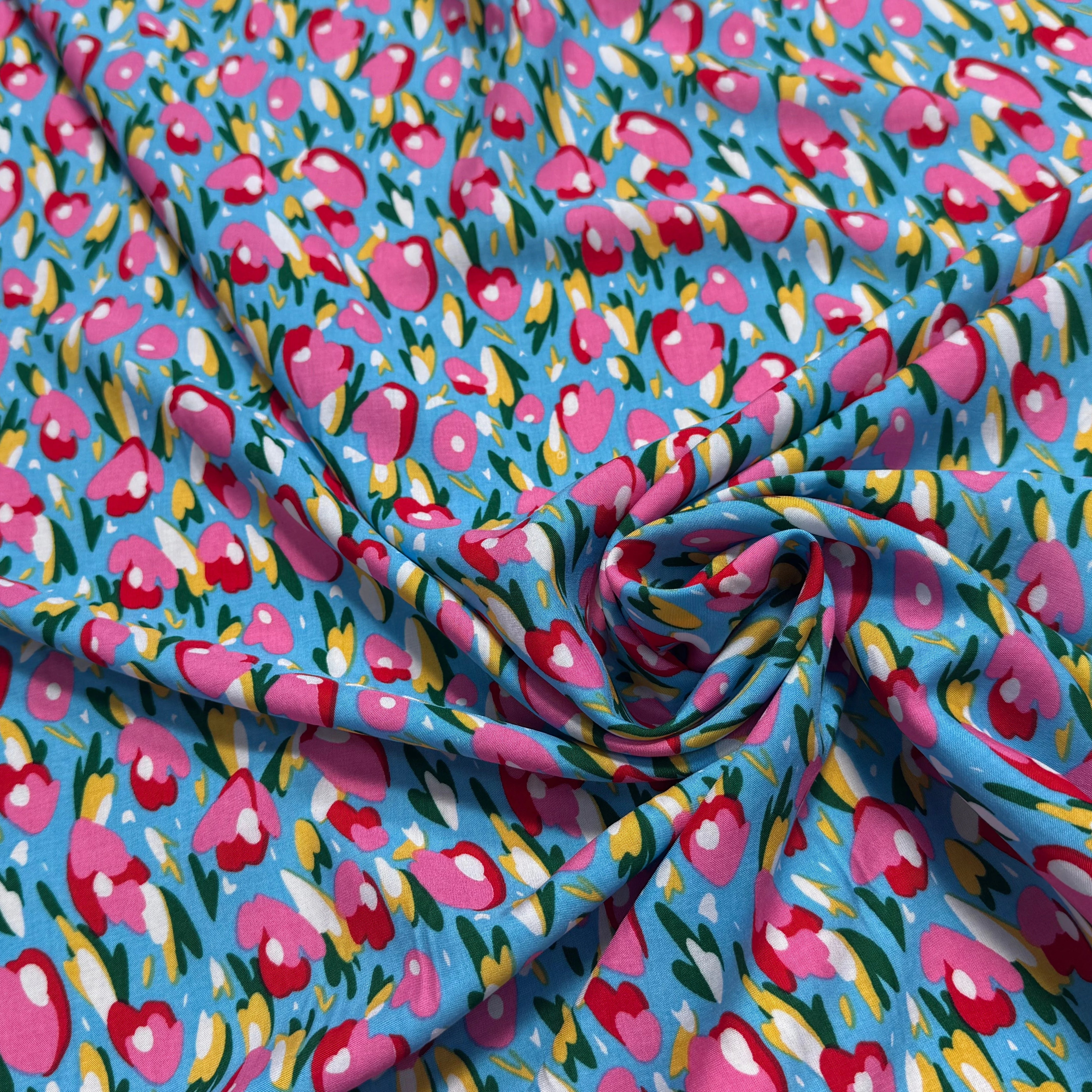 TISSU 100% VISCOSE FOND BONNIE BLUE IMPRIMÉ TULIP - My Little Coupon