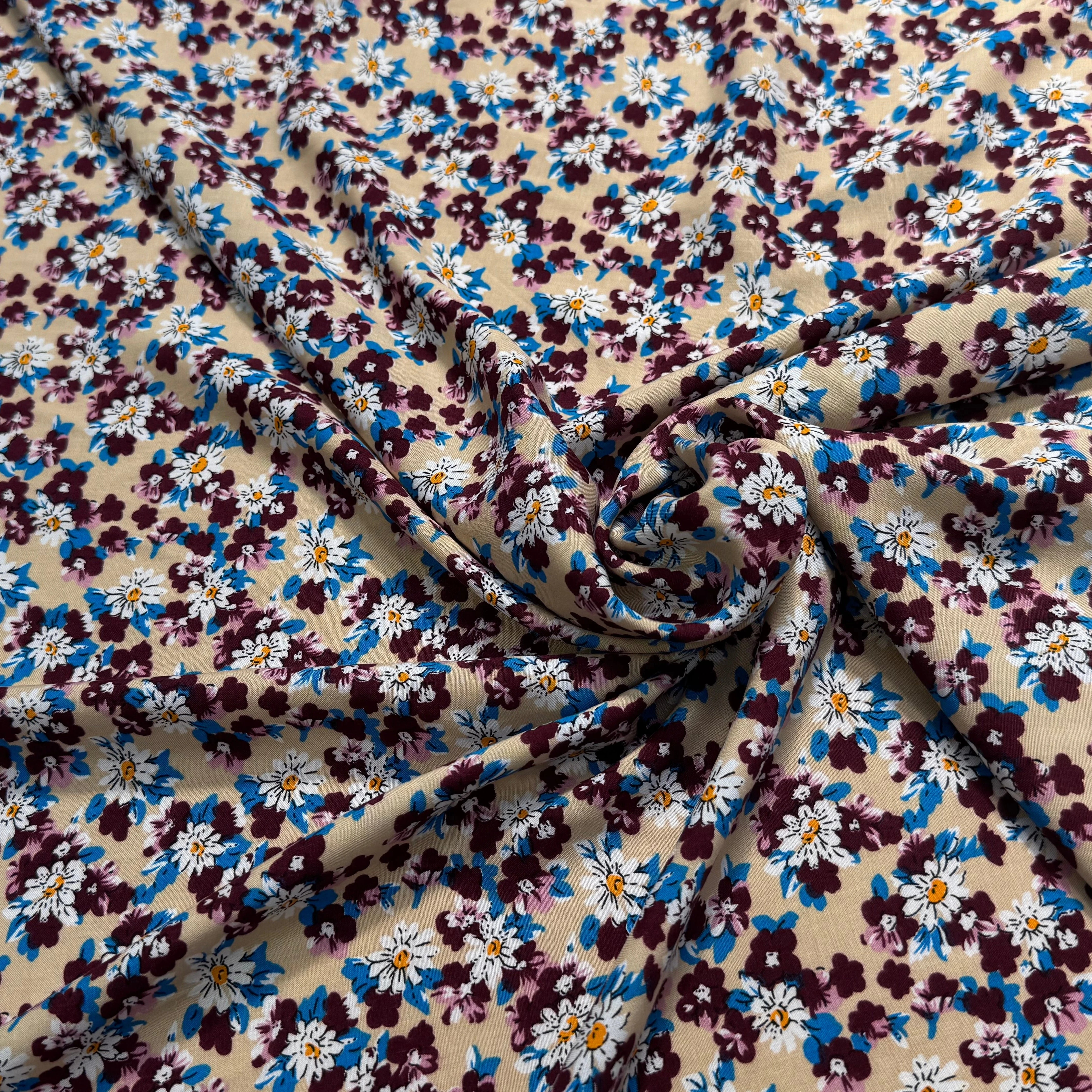 TISSU 100% VISCOSE FOND CAFÉ AU LAIT IMPRIMÉ BASE DE FLEURS - My Little Coupon