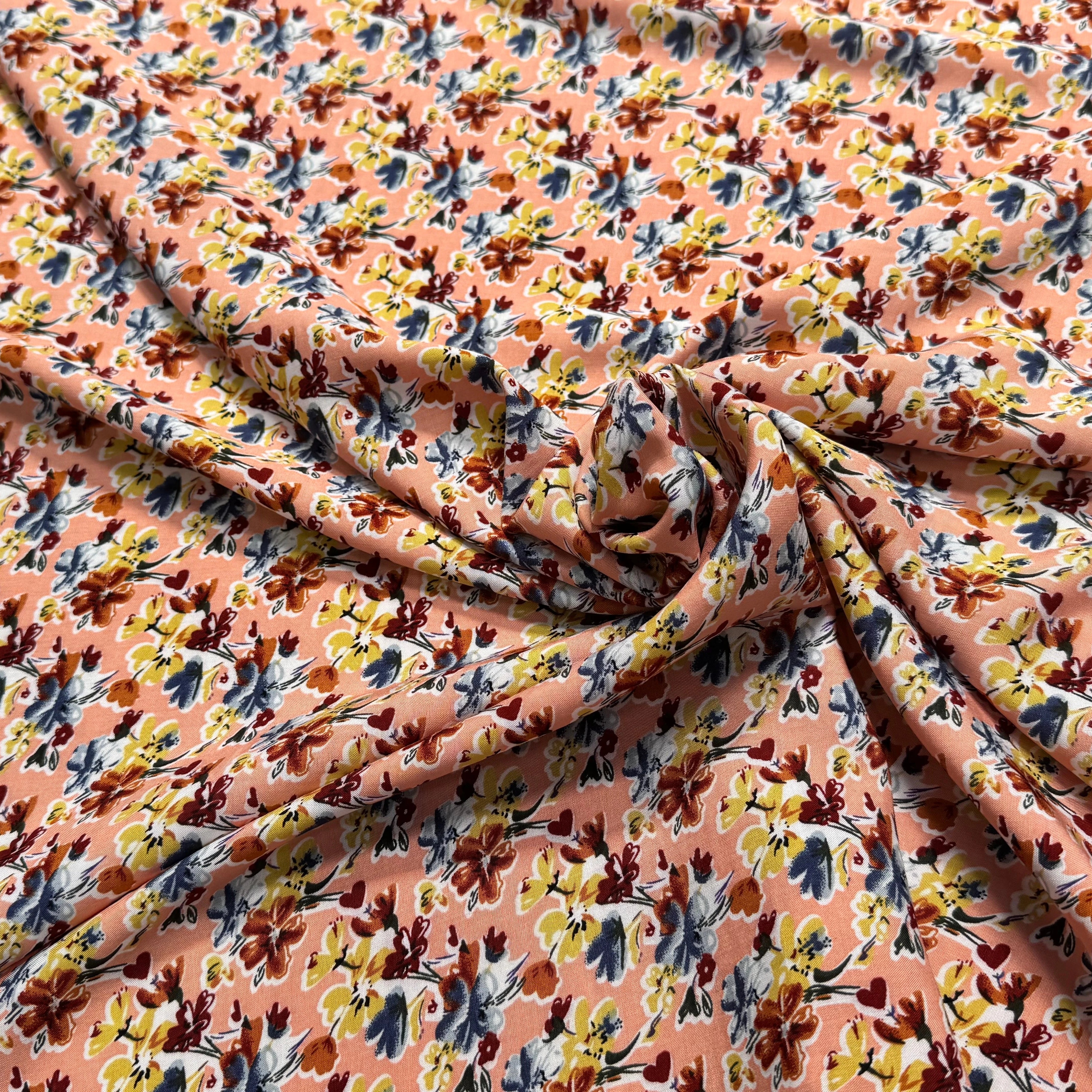 TISSU 100% VISCOSE FOND ORANGE PÊCHE IMPRIMÉ BOUQUETS - My Little Coupon