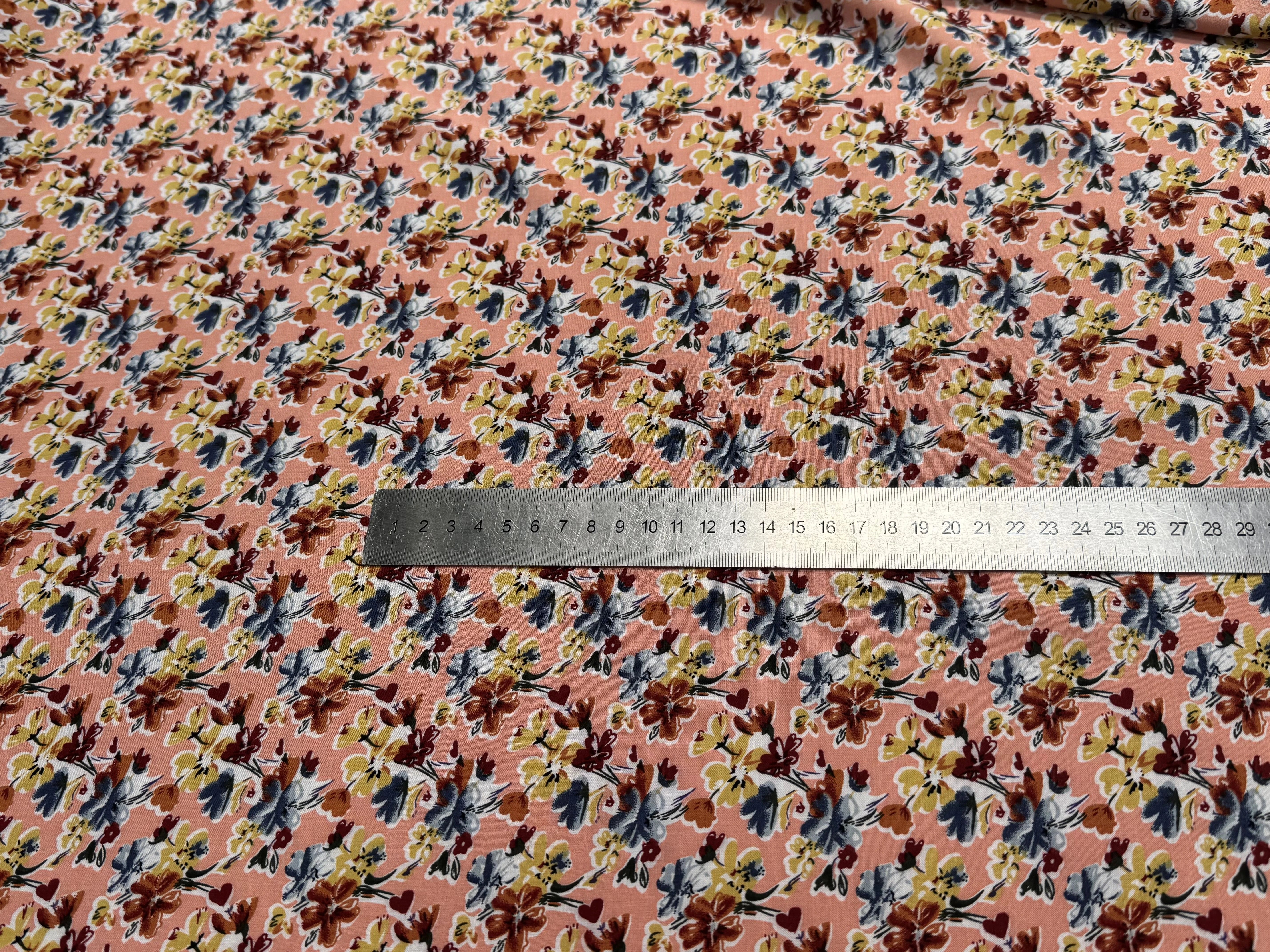 TISSU 100% VISCOSE FOND ORANGE PÊCHE IMPRIMÉ BOUQUETS - My Little Coupon