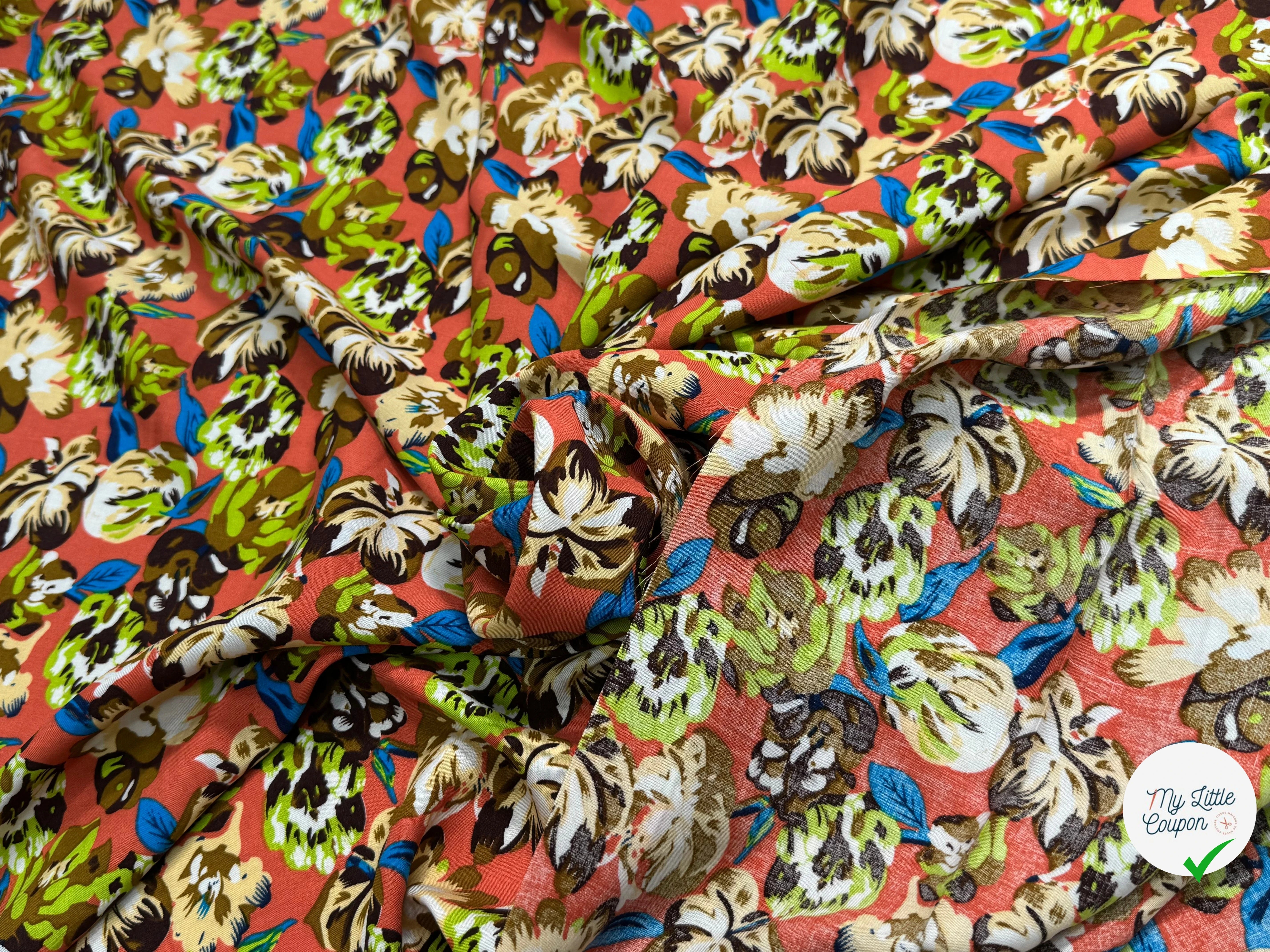 TISSU 100% VISCOSE IMPRIMÉ BASE DE FLEURS FOND CORAIL - My Little Coupon