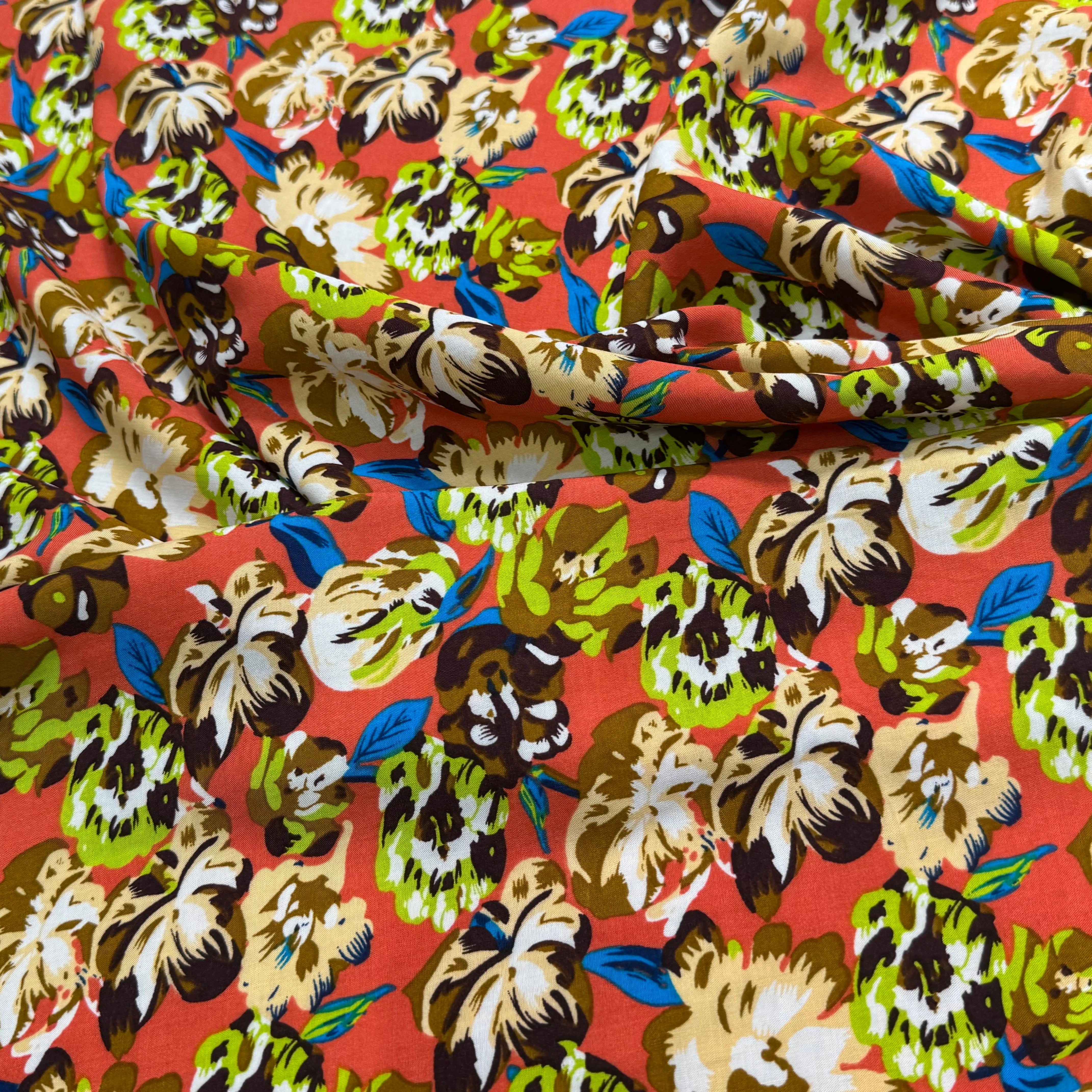 TISSU 100% VISCOSE IMPRIMÉ BASE DE FLEURS FOND CORAIL - My Little Coupon