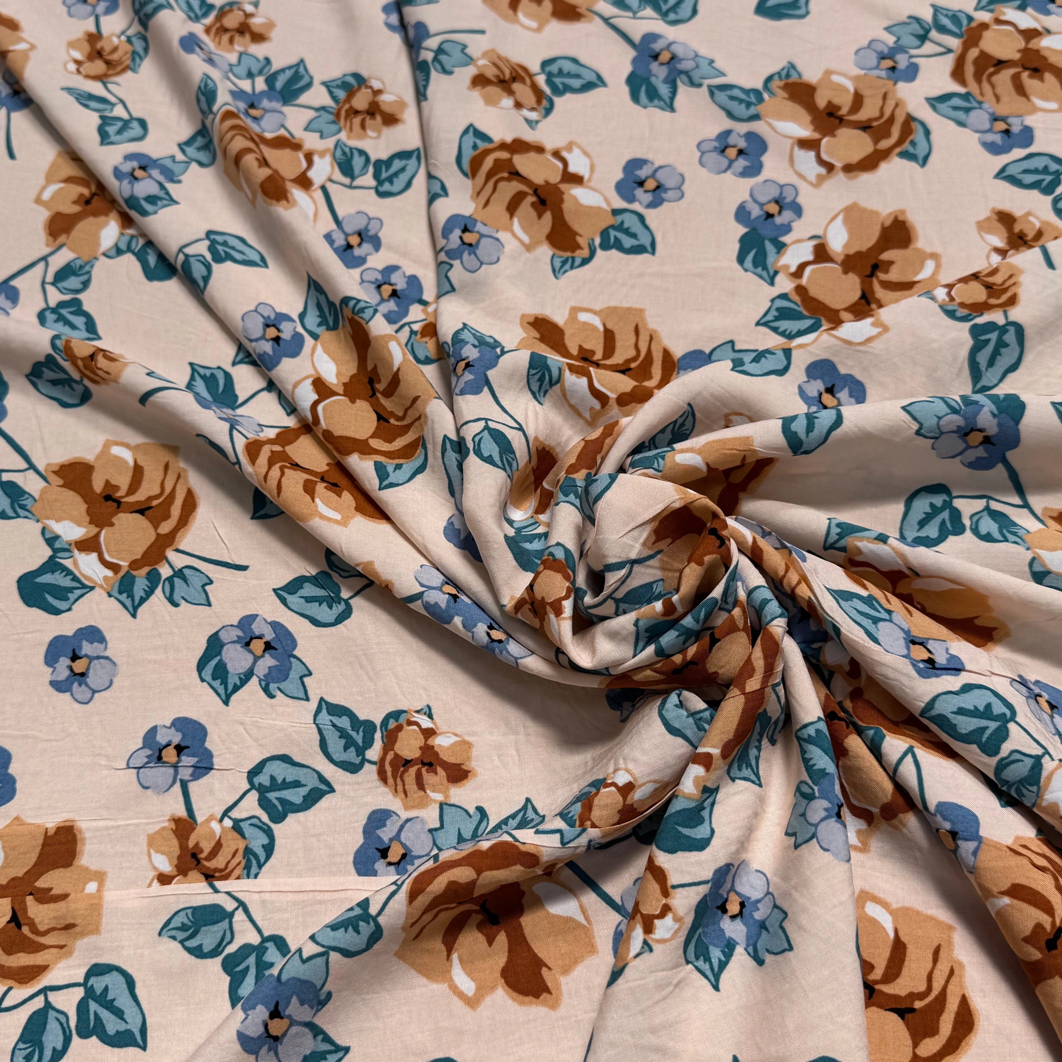 TISSU 100% VISCOSE IMPRIMÉ BRANCHES À FLEURS FOND CREME - My Little Coupon