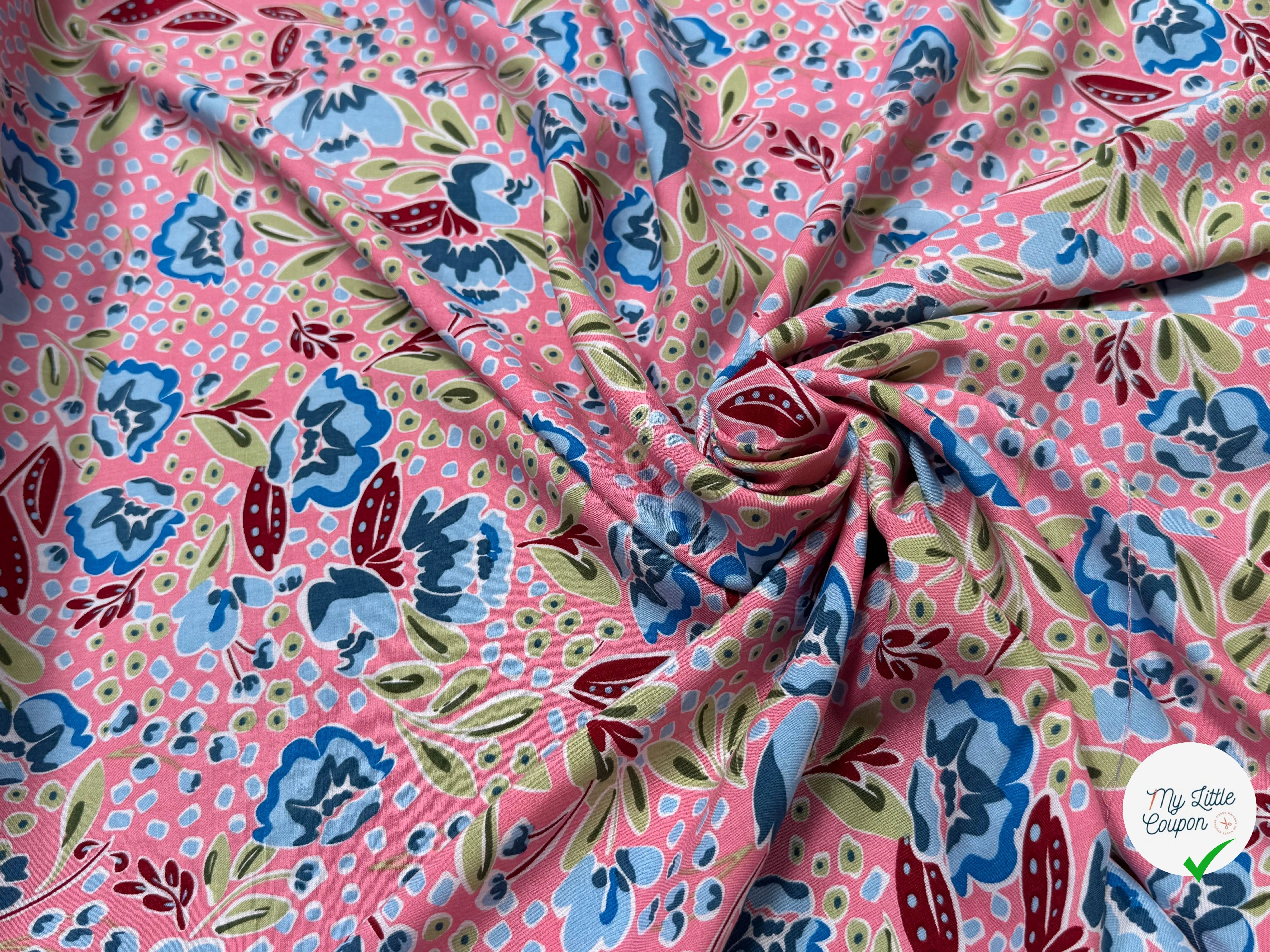 TISSU 100% VISCOSE IMPRIMÉ FEUILLAGES FOND ROSE - My Little Coupon