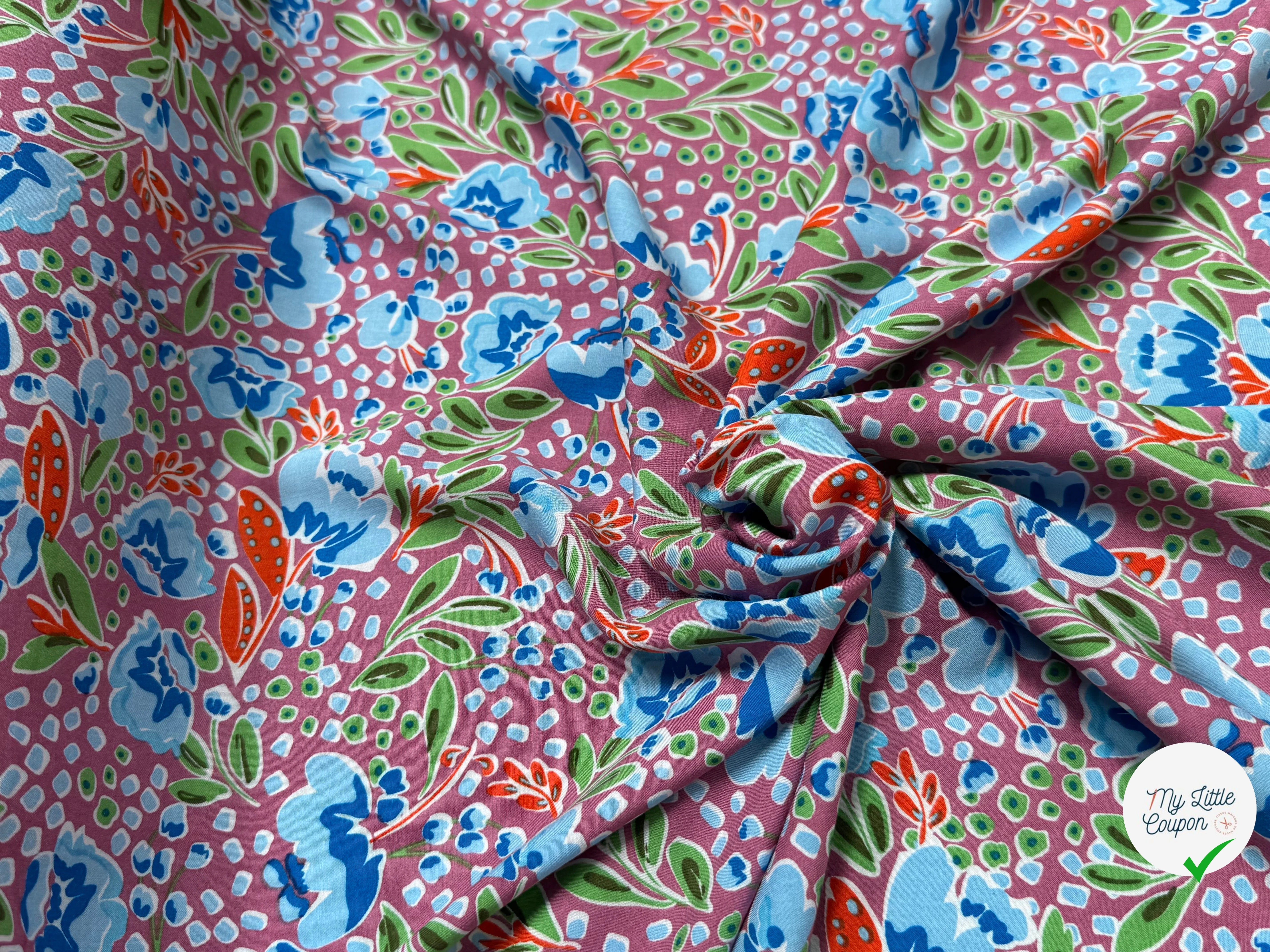 TISSU 100% VISCOSE IMPRIMÉ FEUILLAGES FOND VIEUX ROSE - My Little Coupon