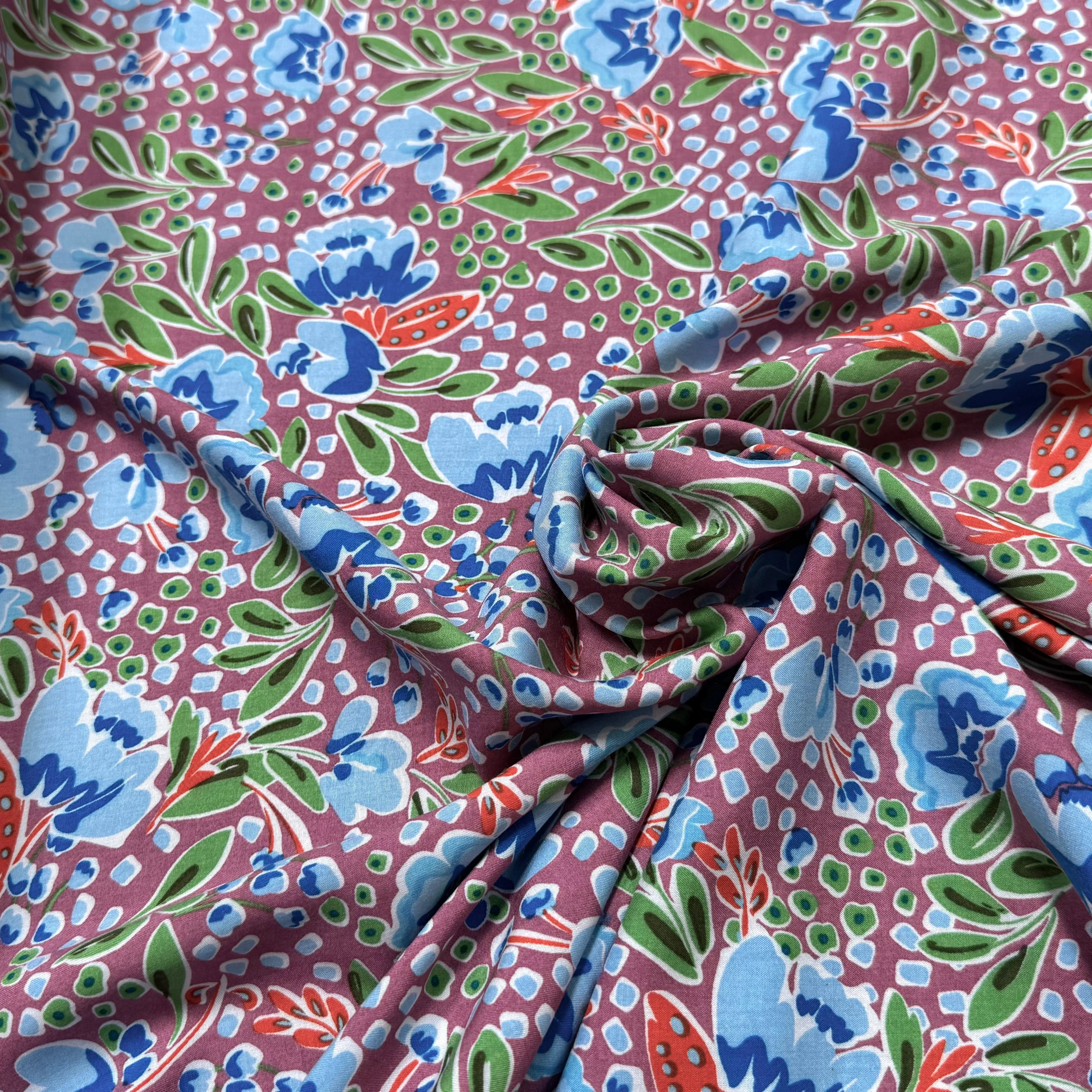 TISSU 100% VISCOSE IMPRIMÉ FEUILLAGES FOND VIEUX ROSE - My Little Coupon