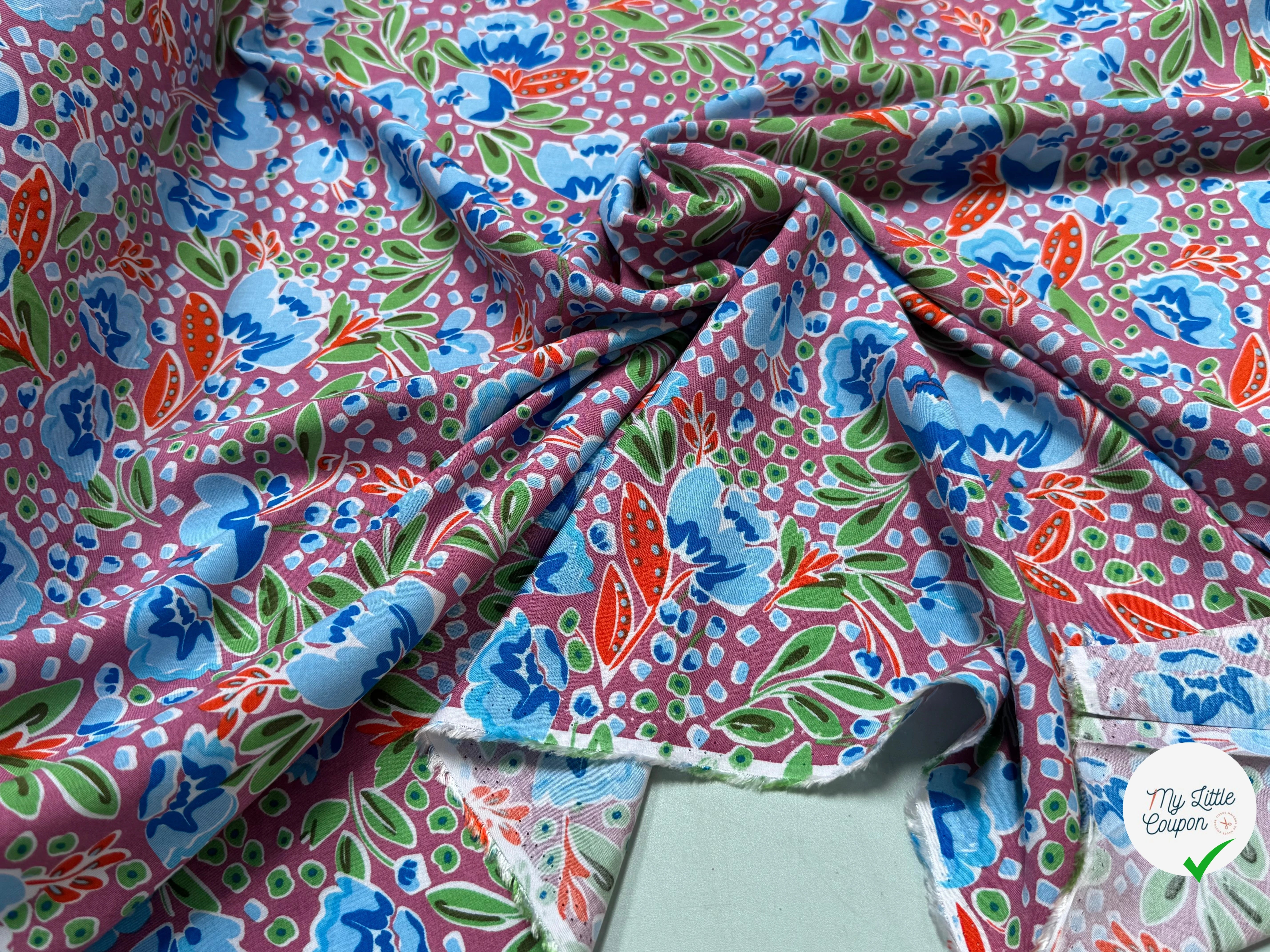 TISSU 100% VISCOSE IMPRIMÉ FEUILLAGES FOND VIEUX ROSE - My Little Coupon
