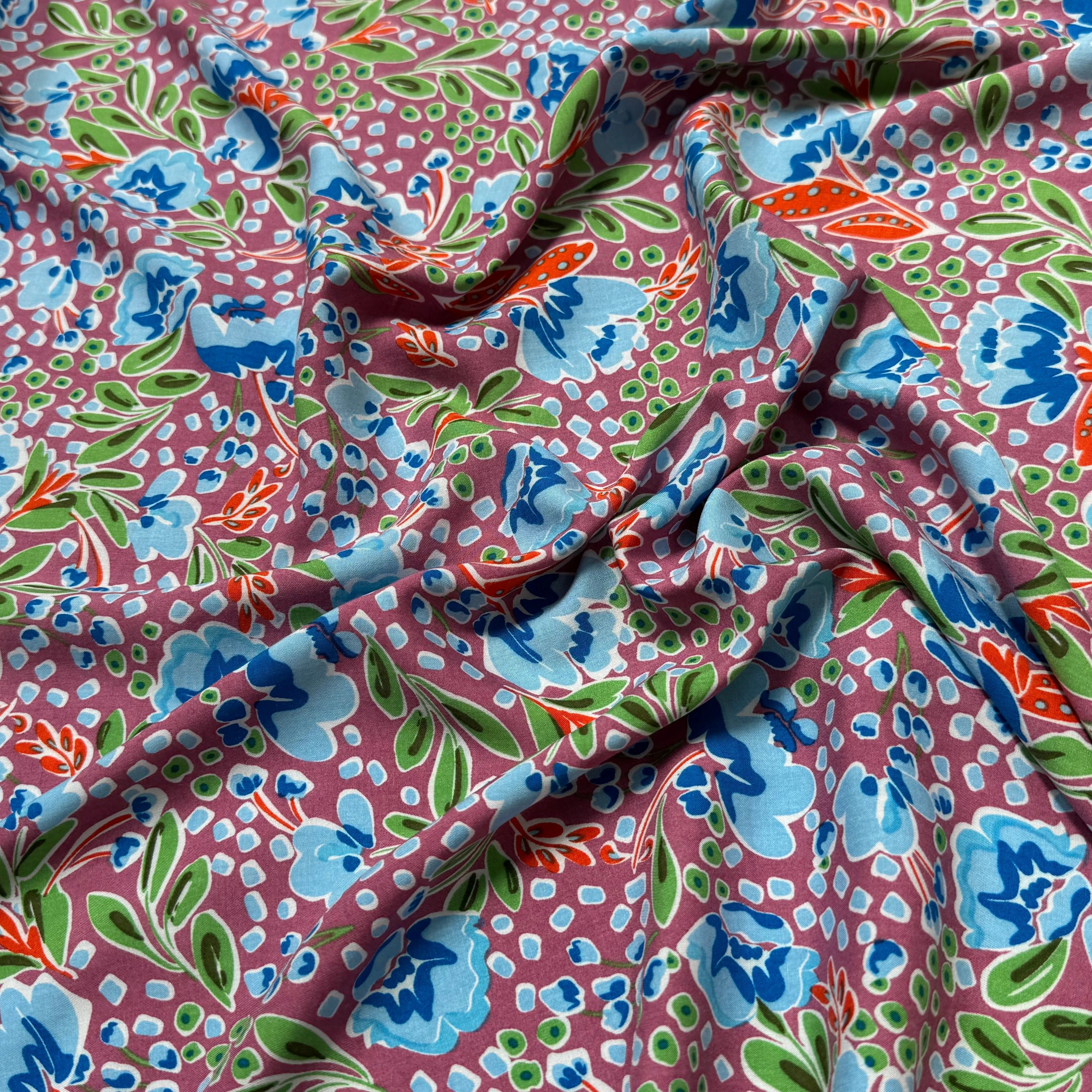TISSU 100% VISCOSE IMPRIMÉ FEUILLAGES FOND VIEUX ROSE - My Little Coupon