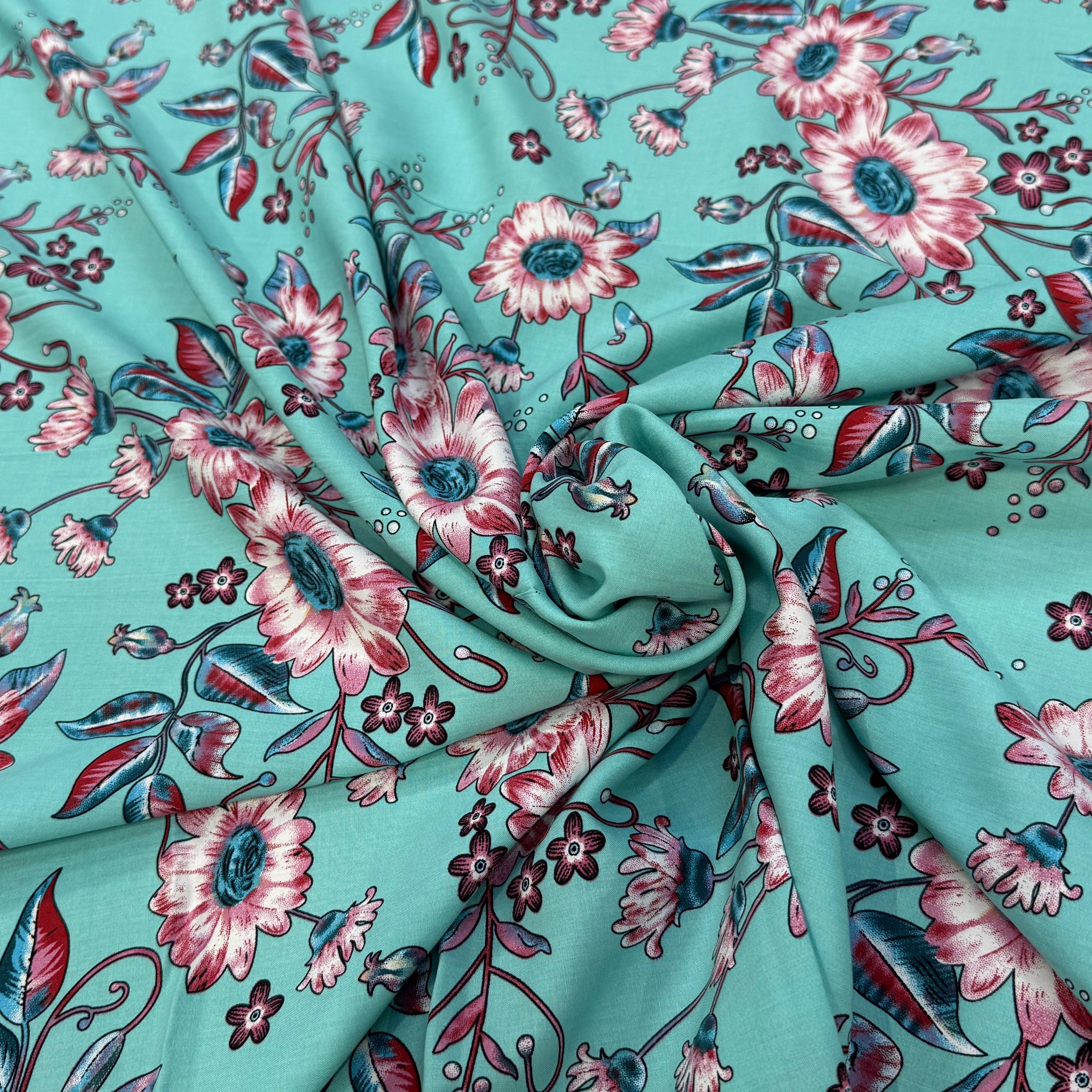 TISSU 100% VISCOSE IMPRIMÉ FOND AQUA - My Little Coupon