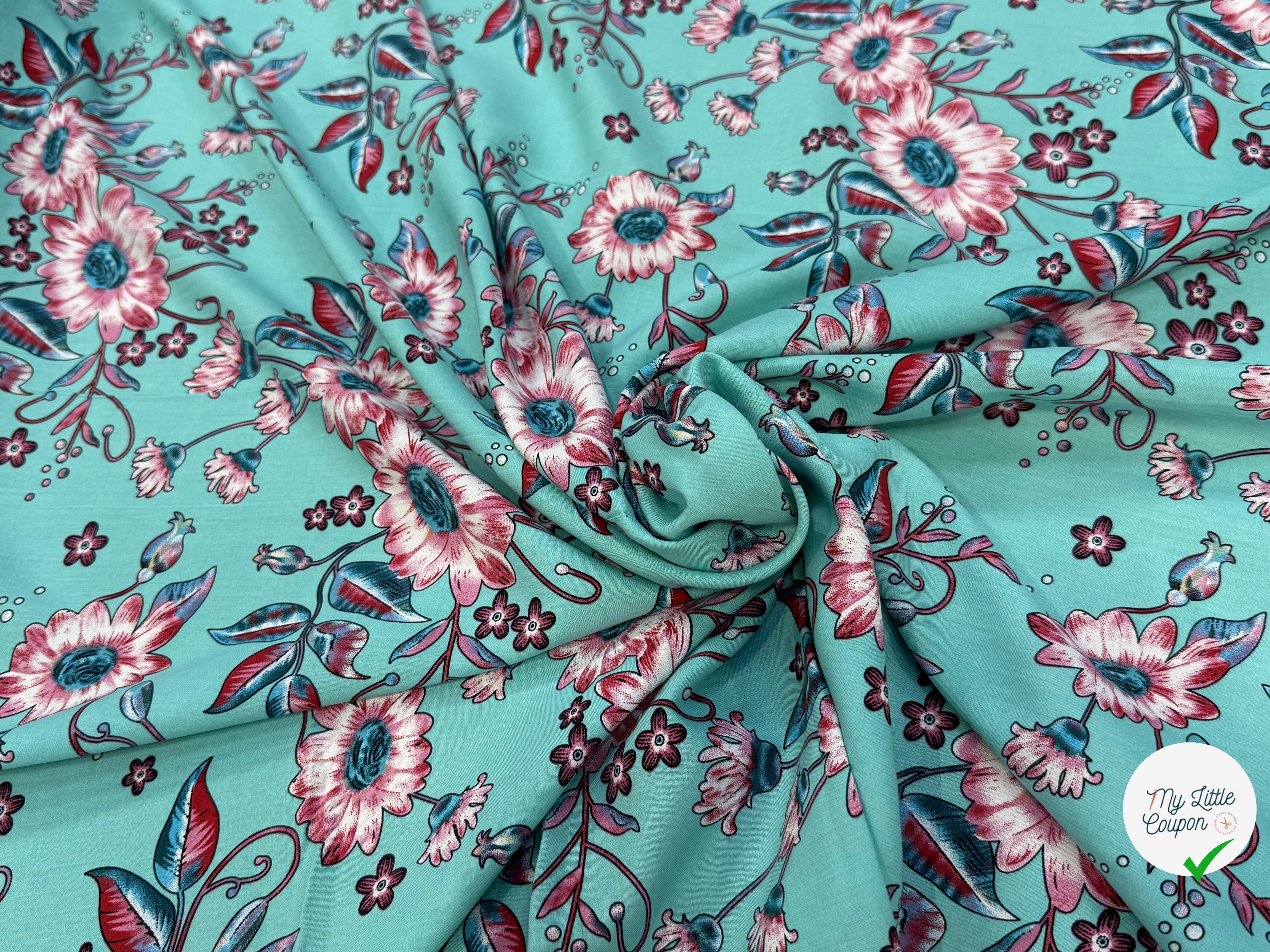 TISSU 100% VISCOSE IMPRIMÉ FOND AQUA - My Little Coupon