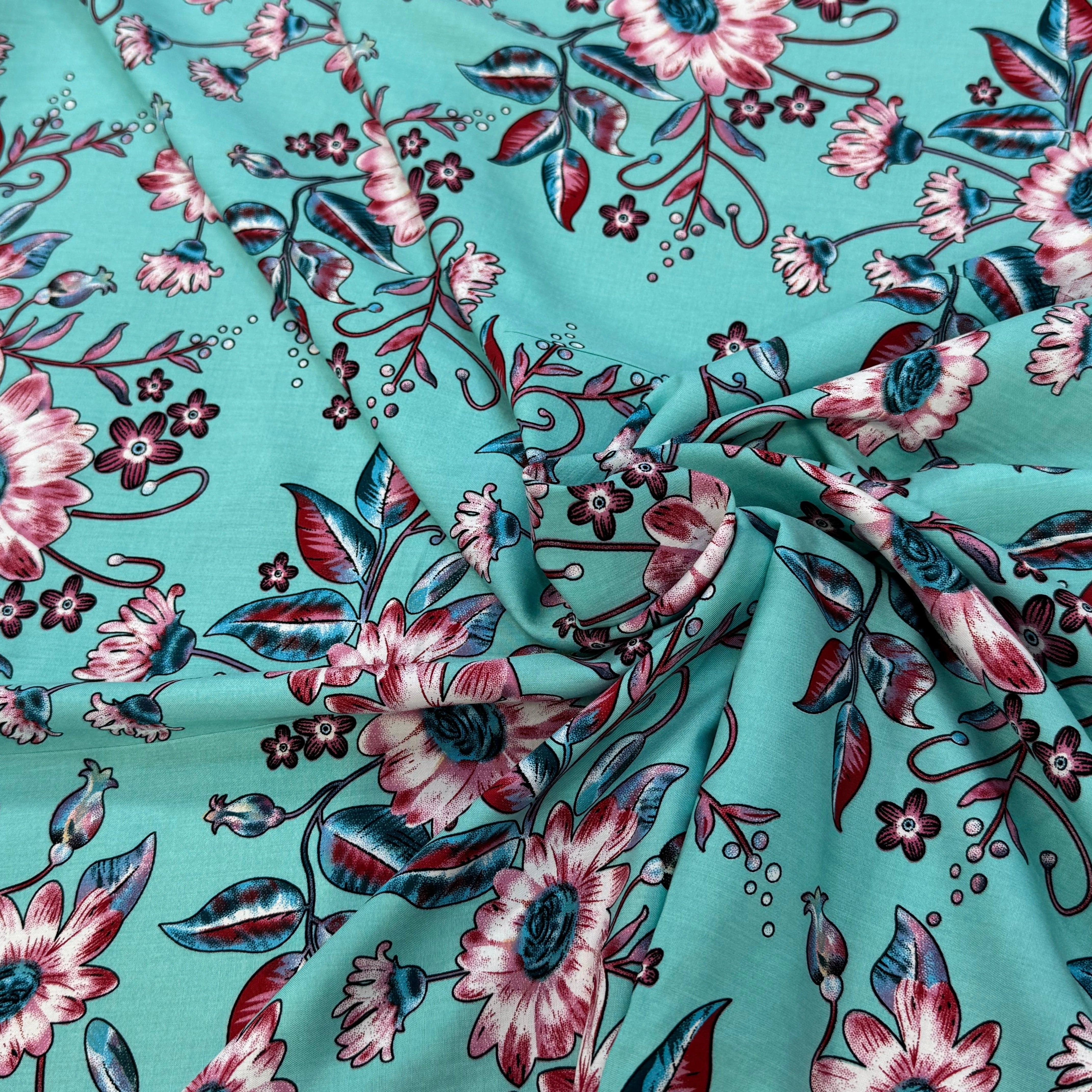 TISSU 100% VISCOSE IMPRIMÉ FOND AQUA - My Little Coupon