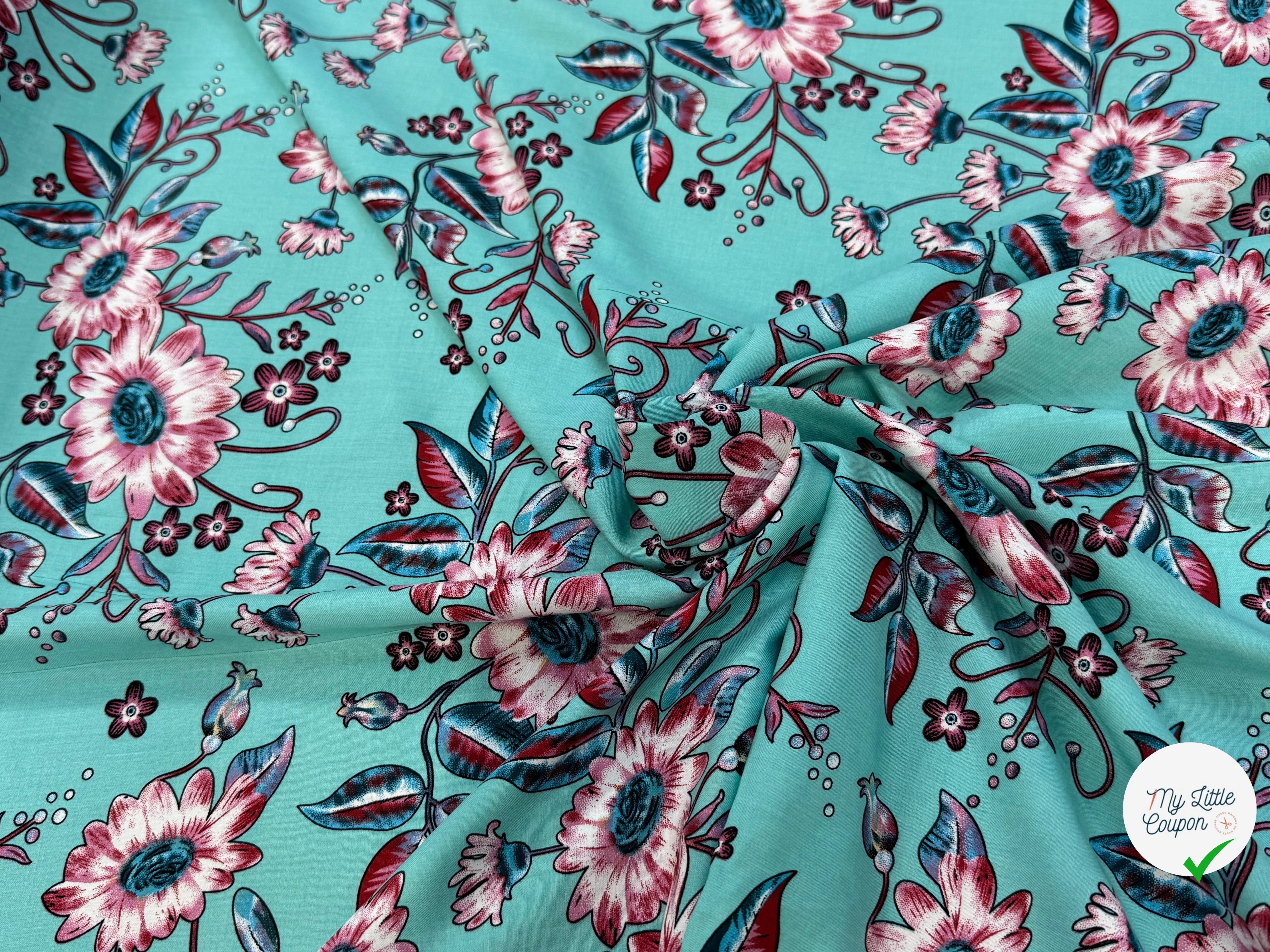 TISSU 100% VISCOSE IMPRIMÉ FOND AQUA - My Little Coupon