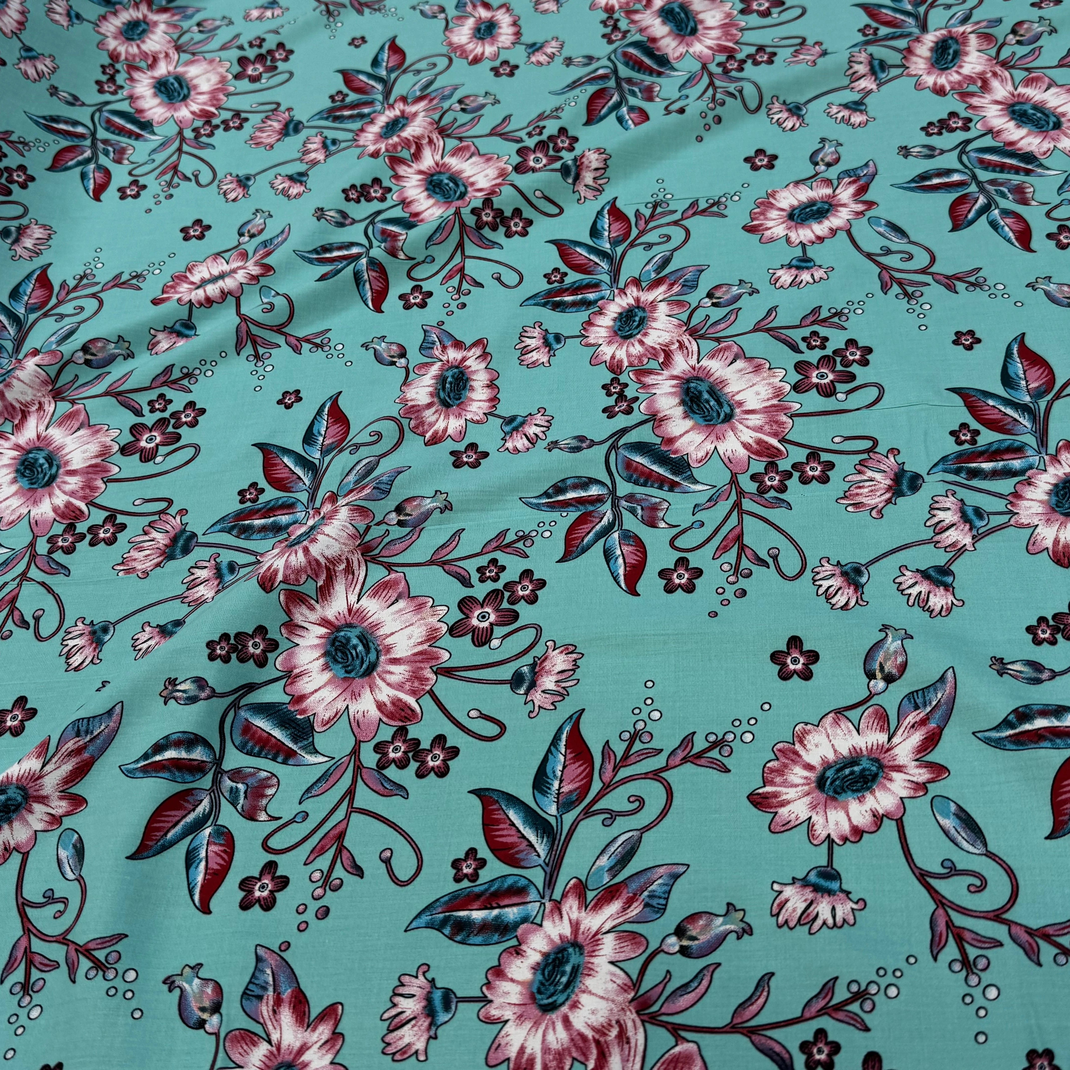 TISSU 100% VISCOSE IMPRIMÉ FOND AQUA - My Little Coupon