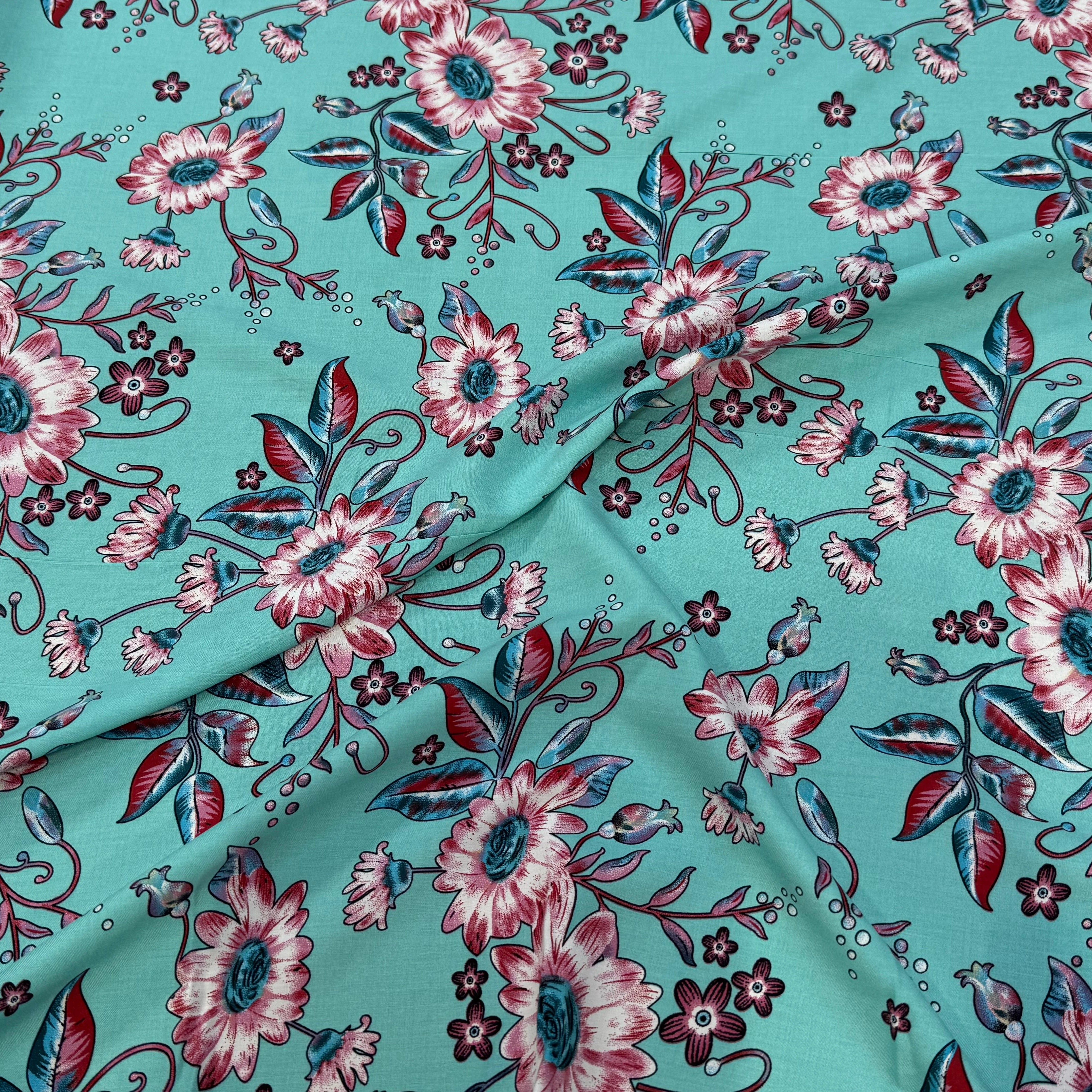 TISSU 100% VISCOSE IMPRIMÉ FOND AQUA - My Little Coupon