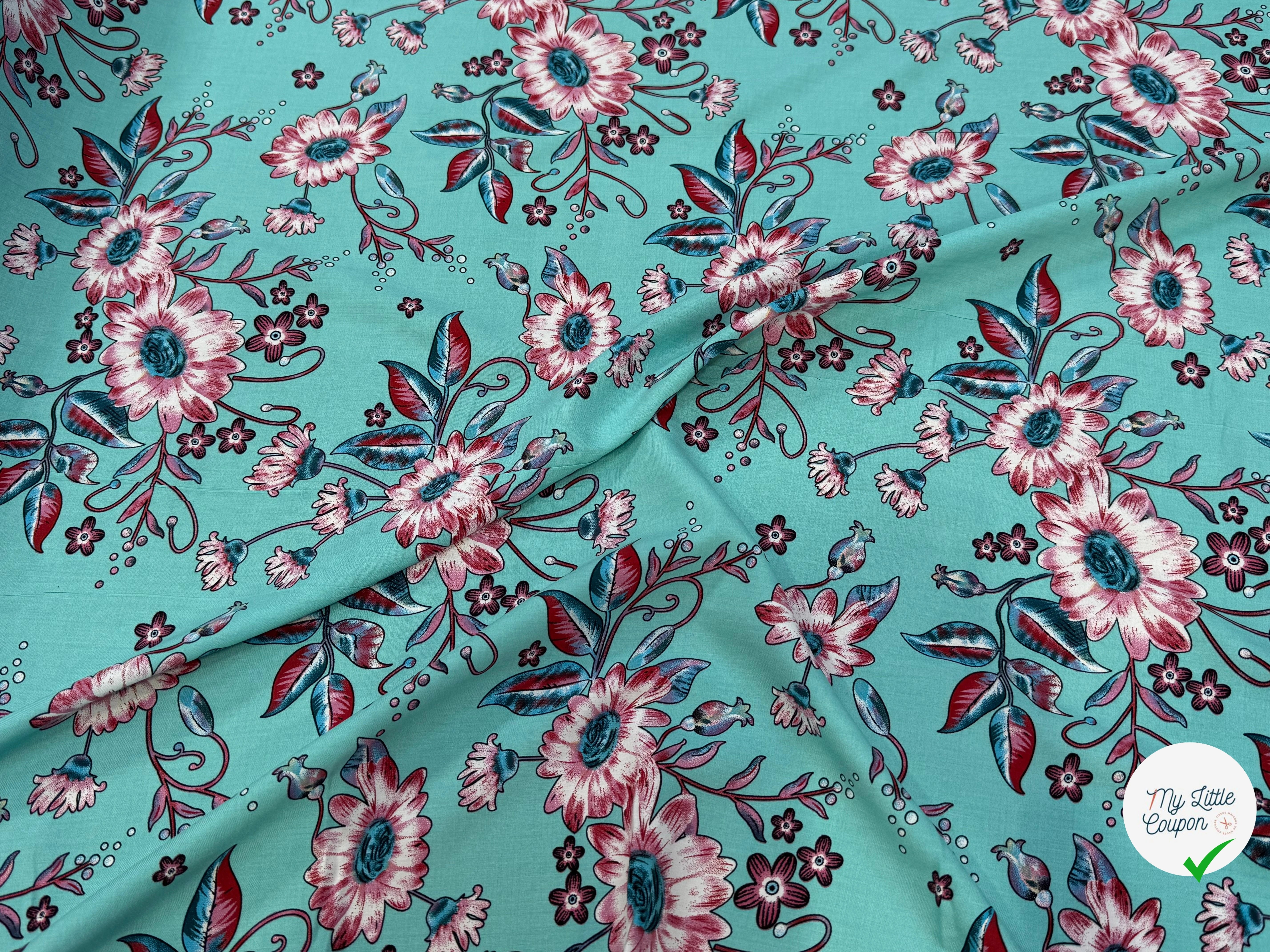 TISSU 100% VISCOSE IMPRIMÉ FOND AQUA - My Little Coupon