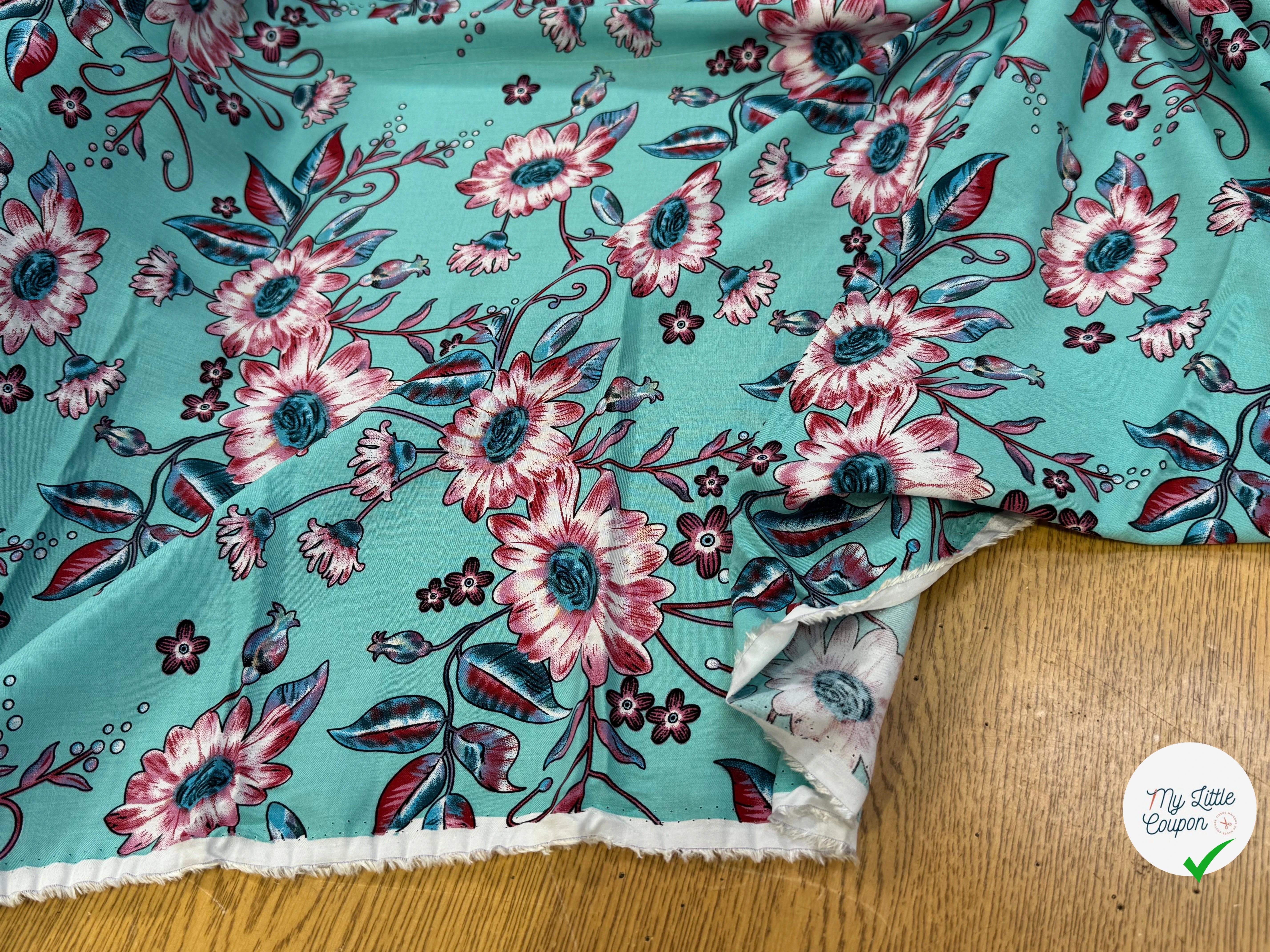 TISSU 100% VISCOSE IMPRIMÉ FOND AQUA - My Little Coupon