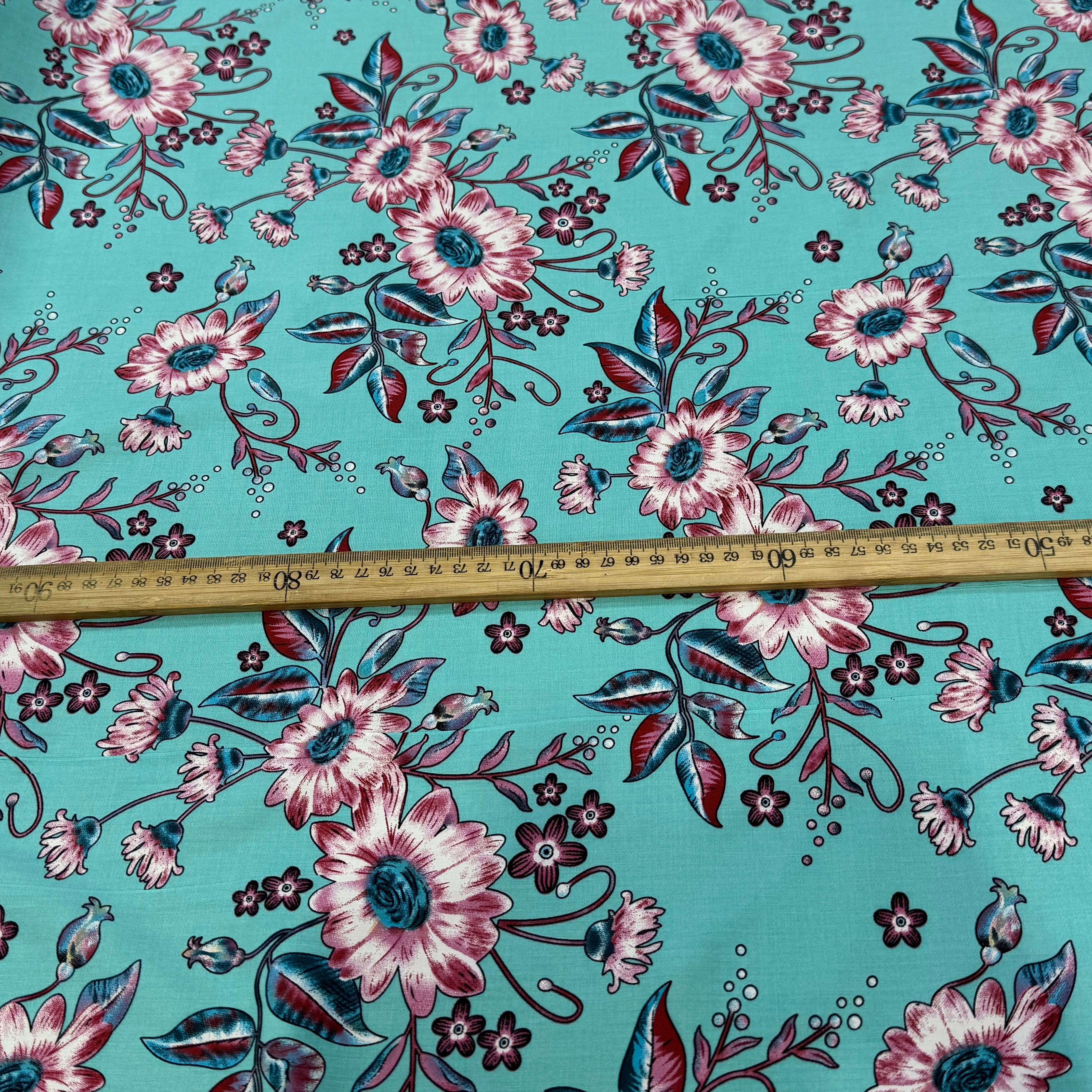 TISSU 100% VISCOSE IMPRIMÉ FOND AQUA - My Little Coupon