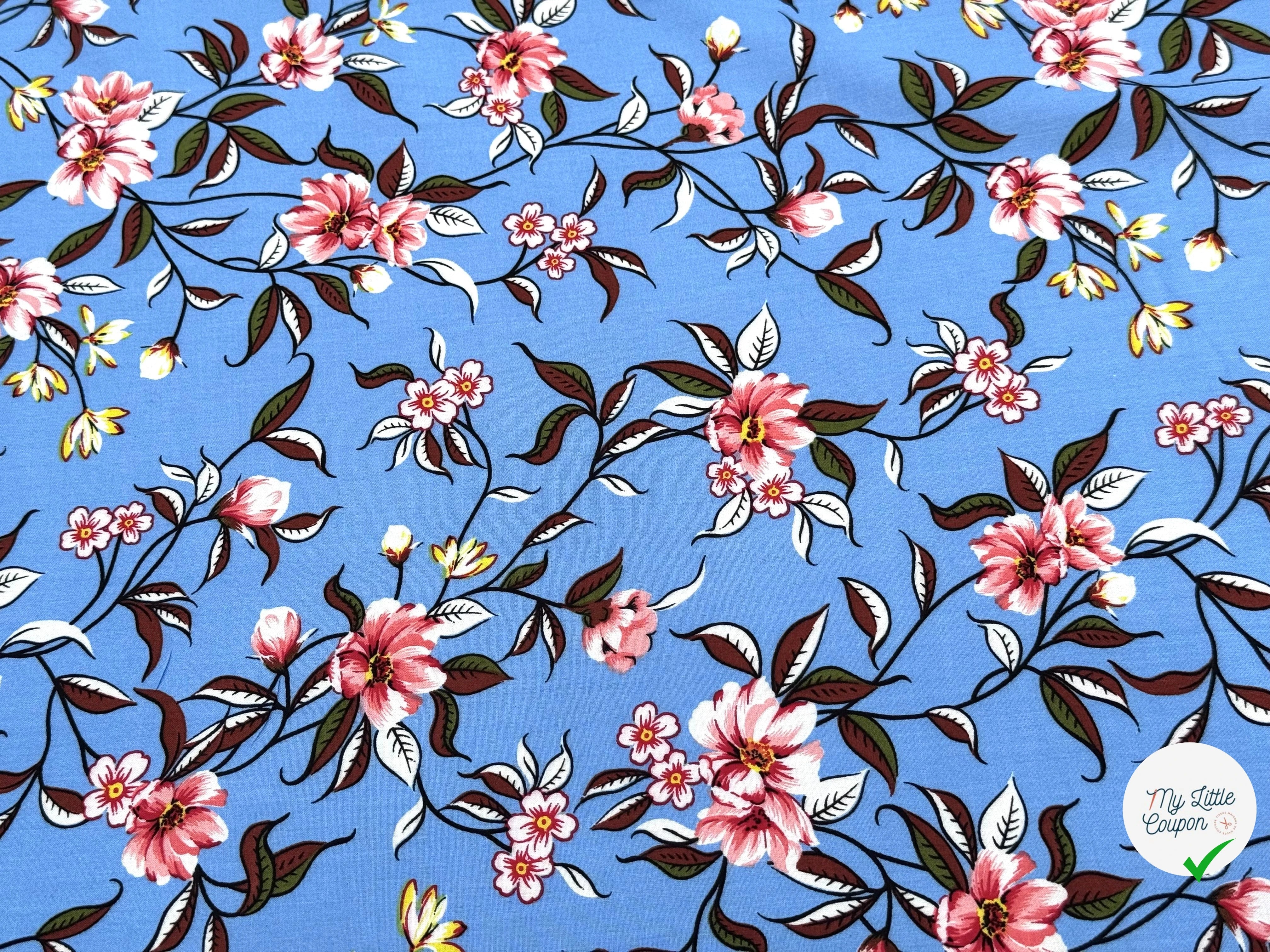 TISSU 100% VISCOSE IMPRIMÉ FOND BLEU CIEL - My Little Coupon