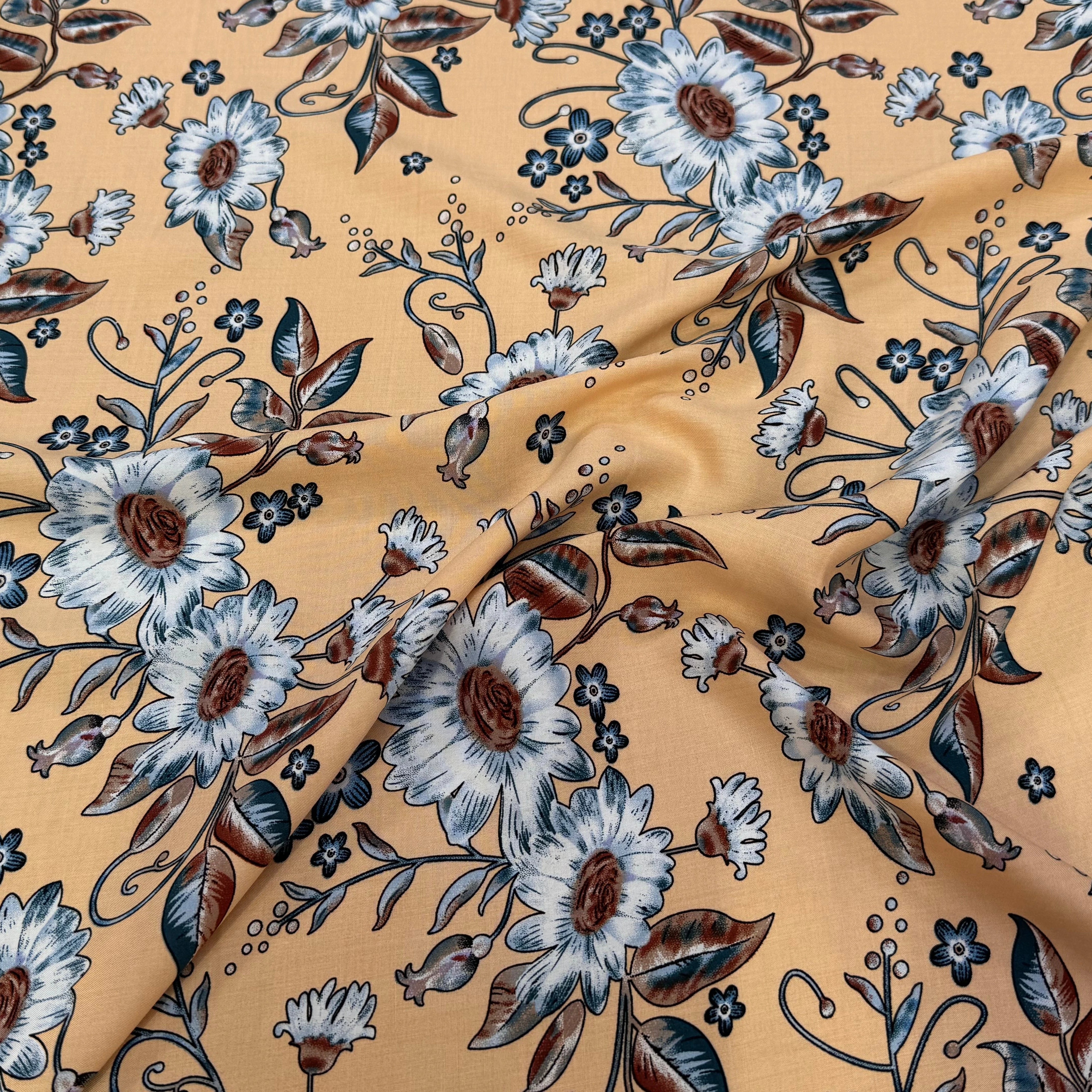 TISSU 100% VISCOSE IMPRIMÉ FOND DOWN ORANGE - My Little Coupon