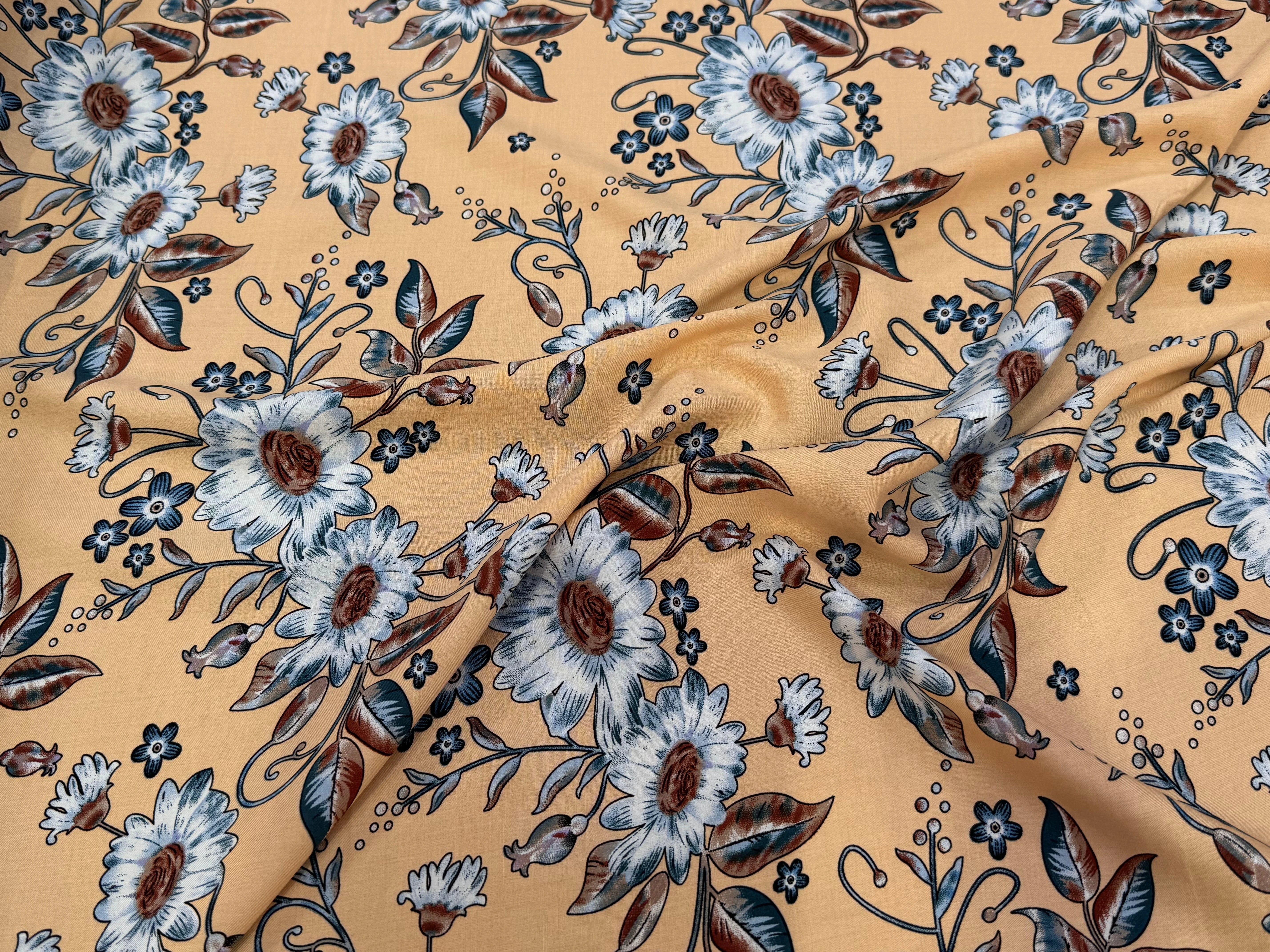 TISSU 100% VISCOSE IMPRIMÉ FOND DOWN ORANGE - My Little Coupon