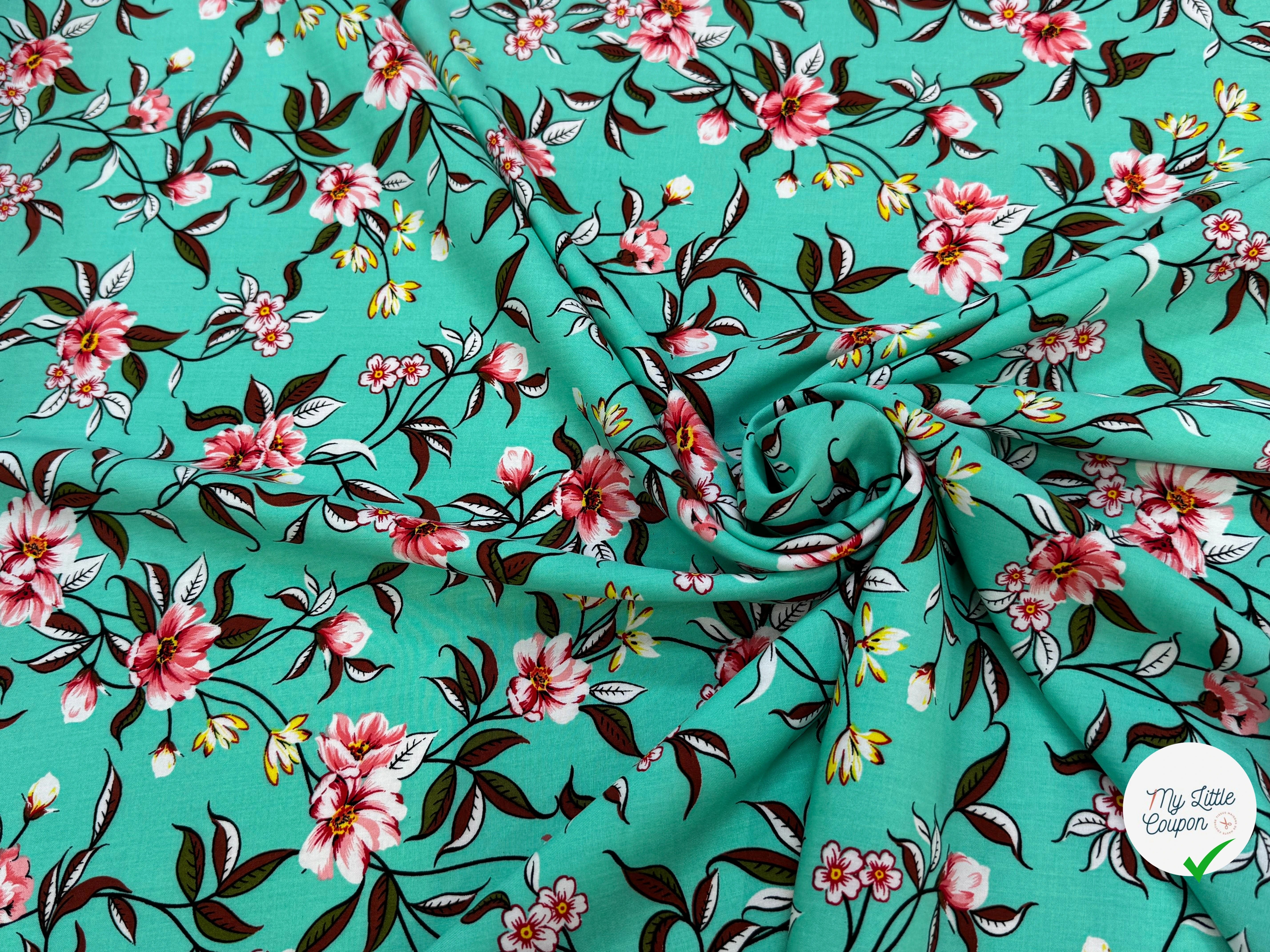 TISSU 100% VISCOSE IMPRIMÉ FOND LAGOON - My Little Coupon