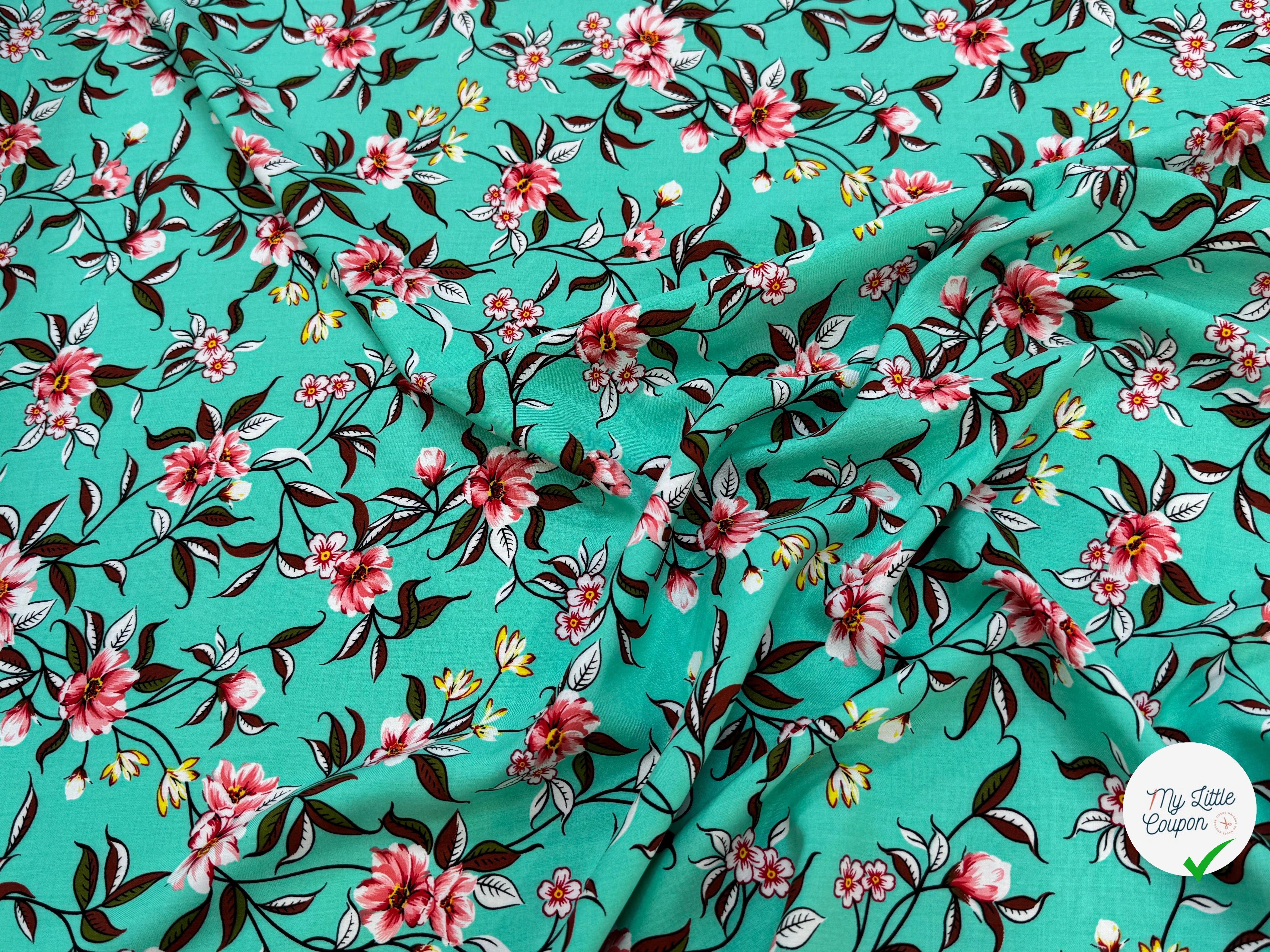TISSU 100% VISCOSE IMPRIMÉ FOND LAGOON - My Little Coupon