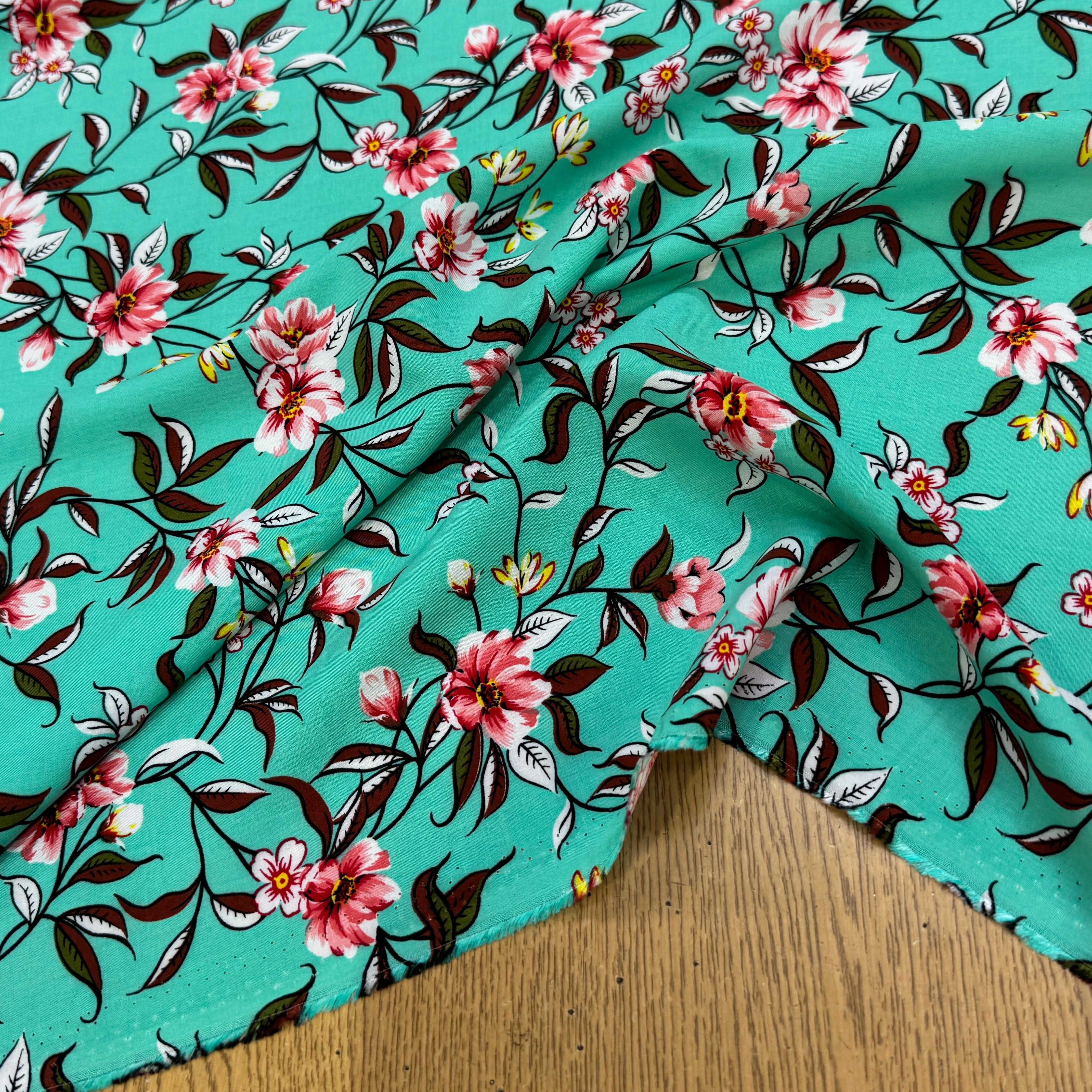TISSU 100% VISCOSE IMPRIMÉ FOND LAGOON - My Little Coupon