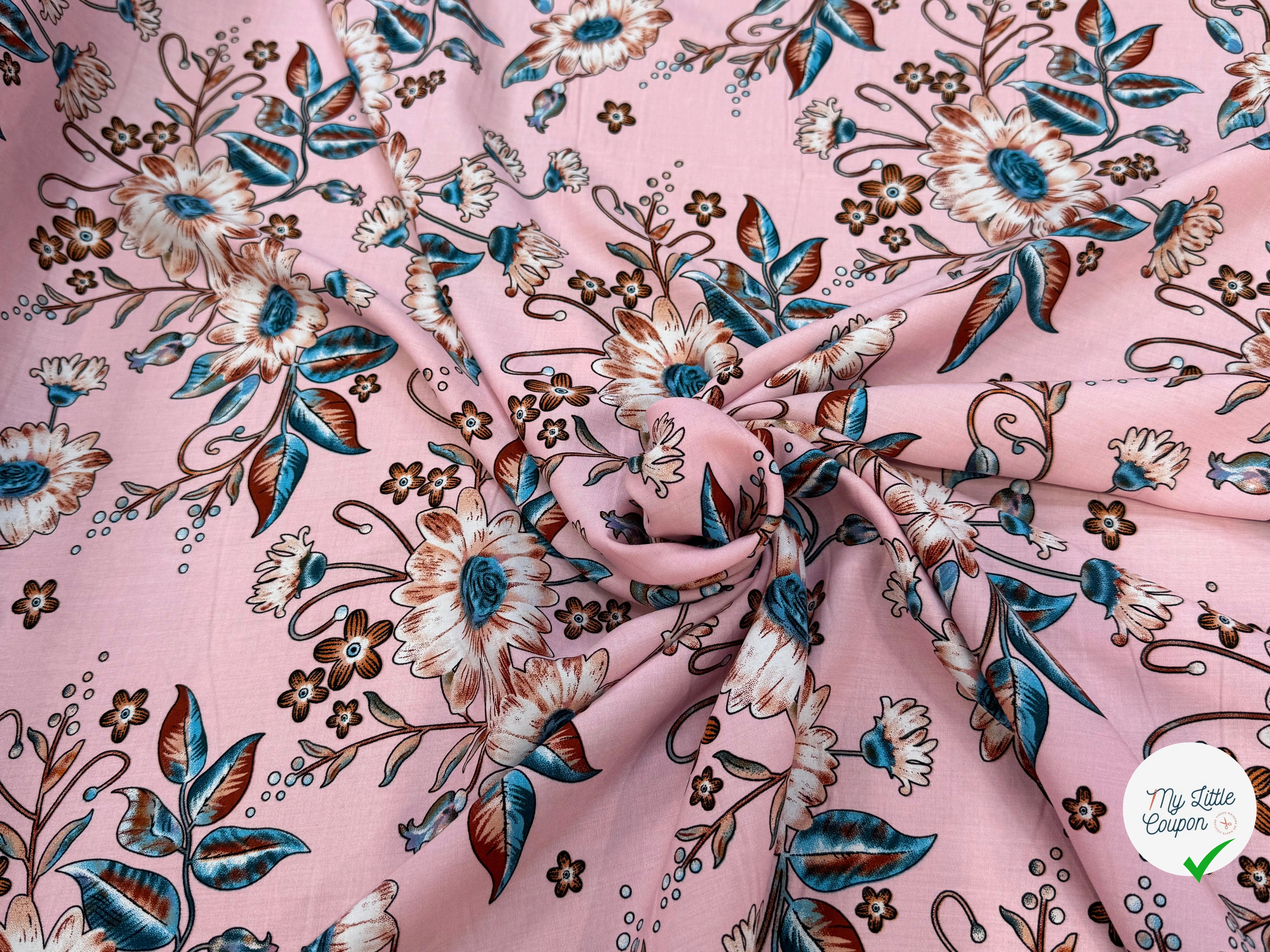 TISSU 100% VISCOSE IMPRIMÉ FOND ROSE - My Little Coupon